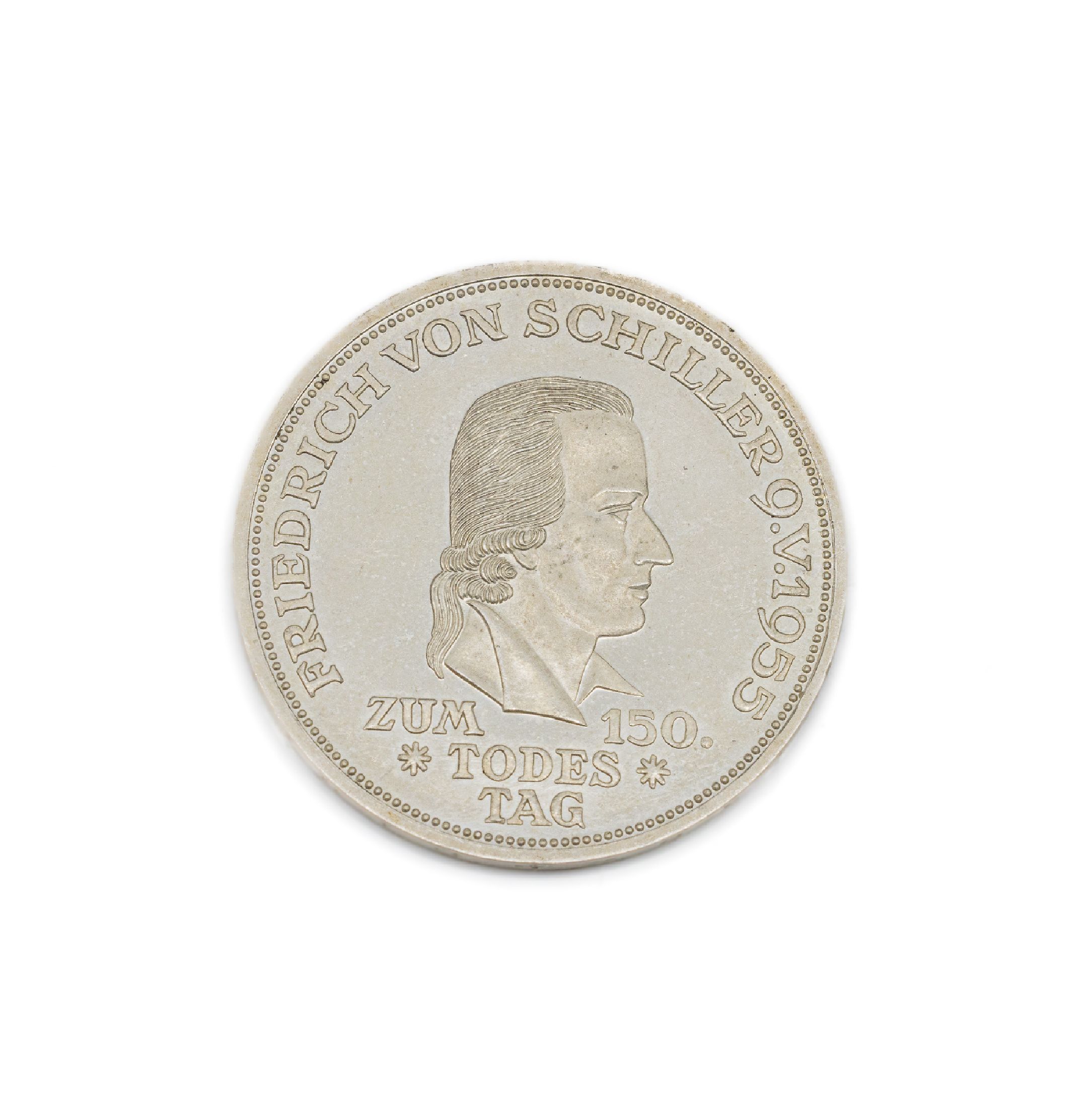 5 Mark Silbermünze, Deutschland 1955, zum 150. Todestag Friedrich von Schiller, Prägemarke F