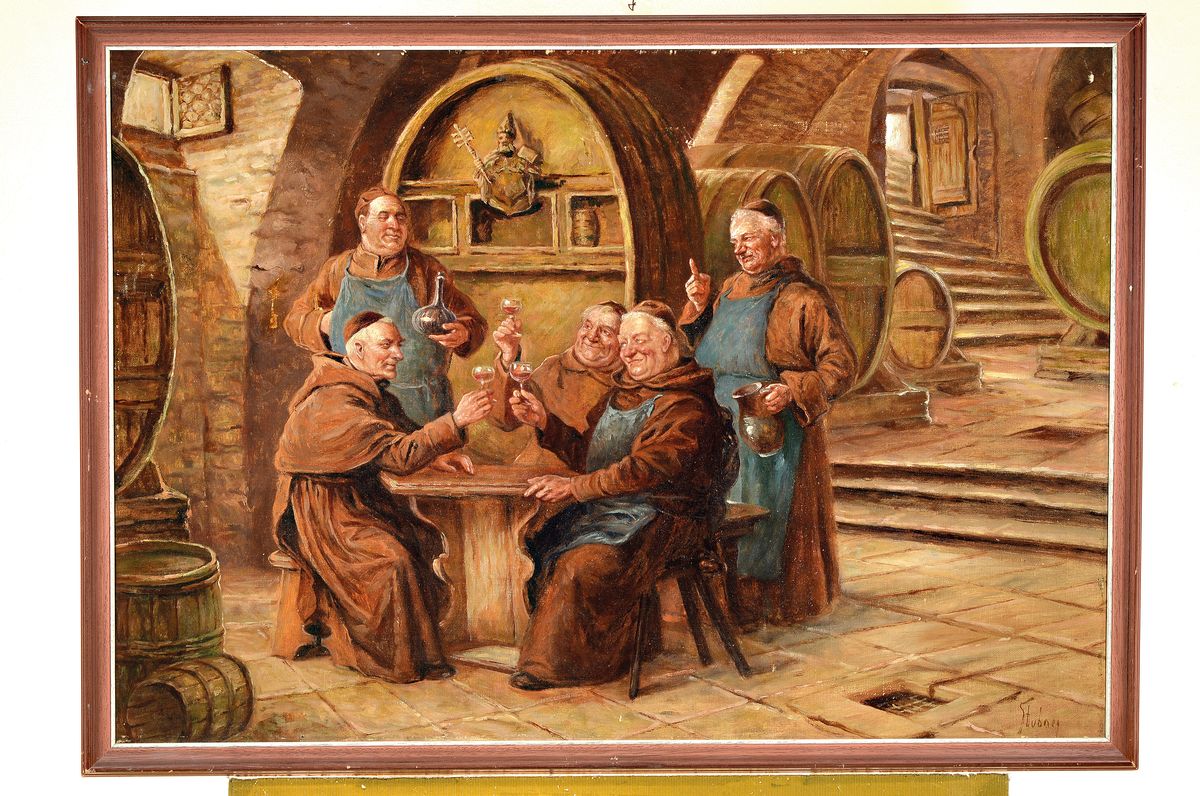 Detail k: Stubner, Maler der 1. Hälfte des 20. Jh., 5 Mönche im Weinkeller, Öl/Malkarton, mit mehreren kleinen Farbschäden, rechts unten signiert, ca. ...