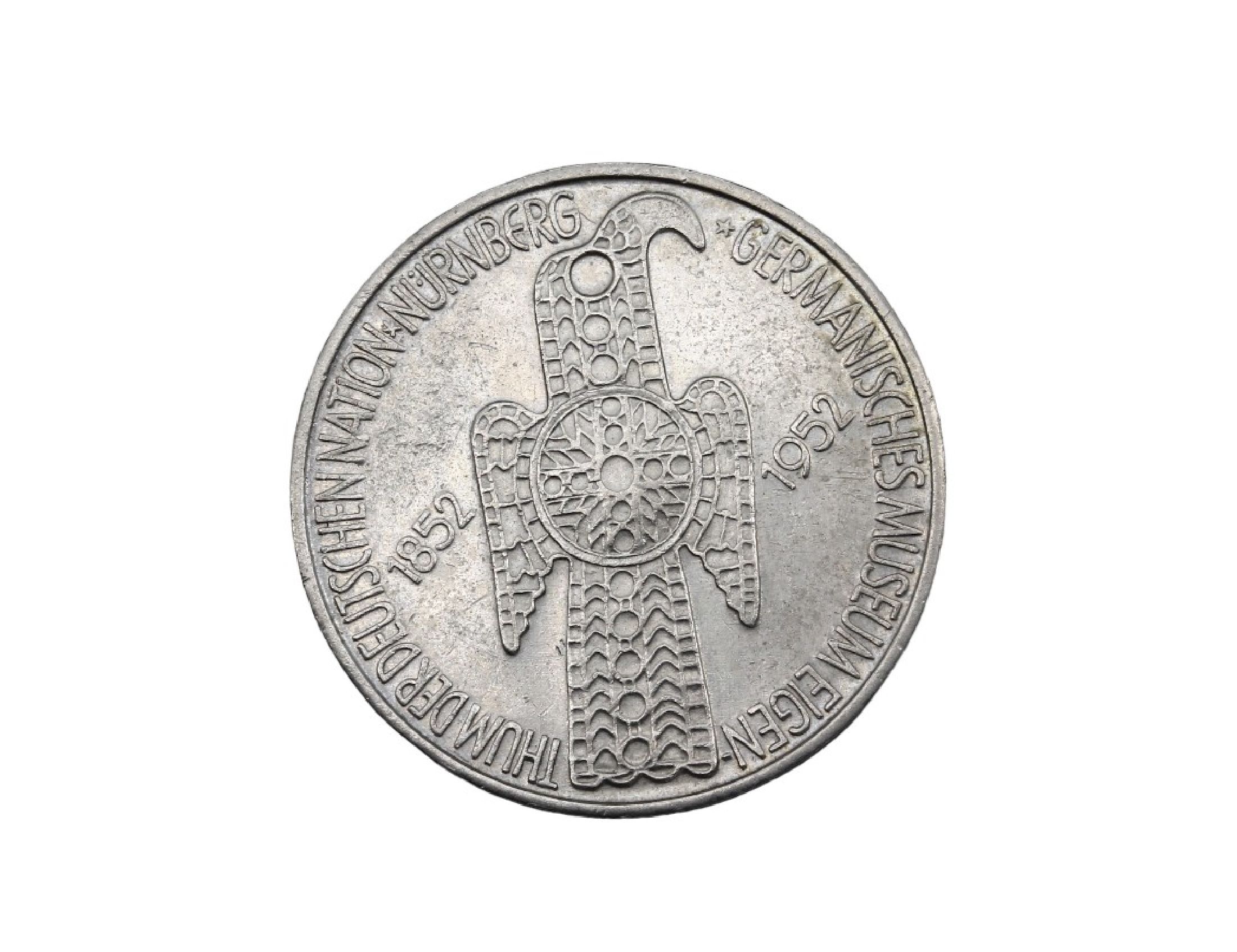 5 Mark Silbermünze, Deutschland 1952, Germanisches Museum Nürnberg, Prägemarke D