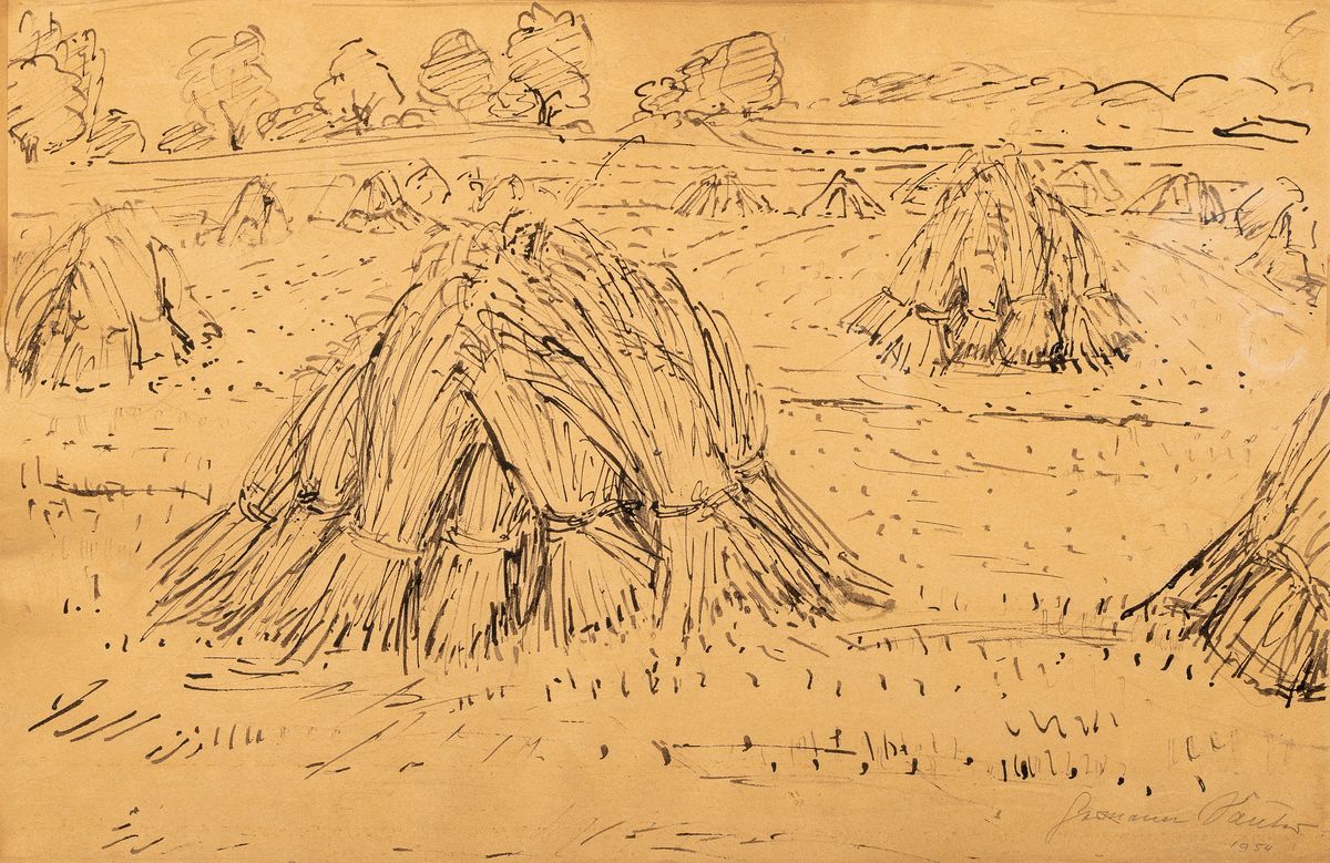 Hermann Sauter, 1891 Germersheim-1981 Landau, Getreidefeld nach der Ernte, Tuschezeichnung über Bleistift, rechts unten signiert und dat. 1954, ...