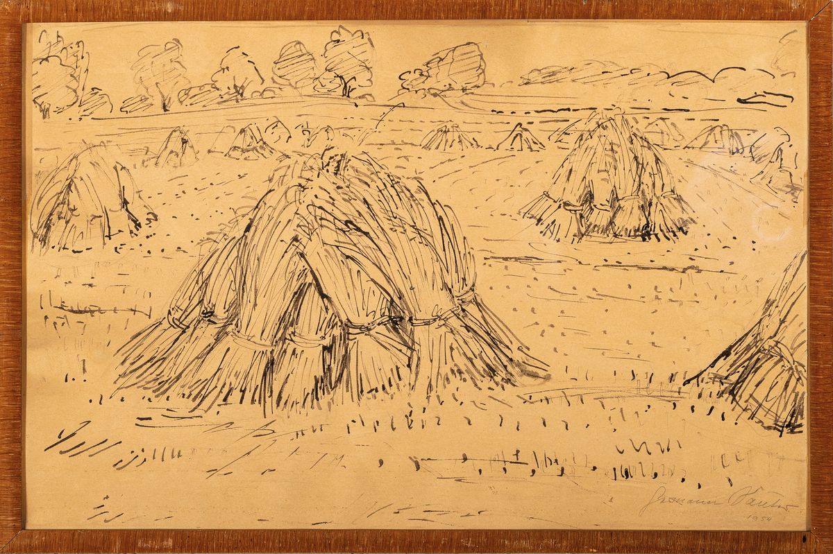 Detail k: Hermann Sauter, 1891 Germersheim-1981 Landau, Getreidefeld nach der Ernte, Tuschezeichnung über Bleistift, rechts unten signiert und dat. 1954, ...