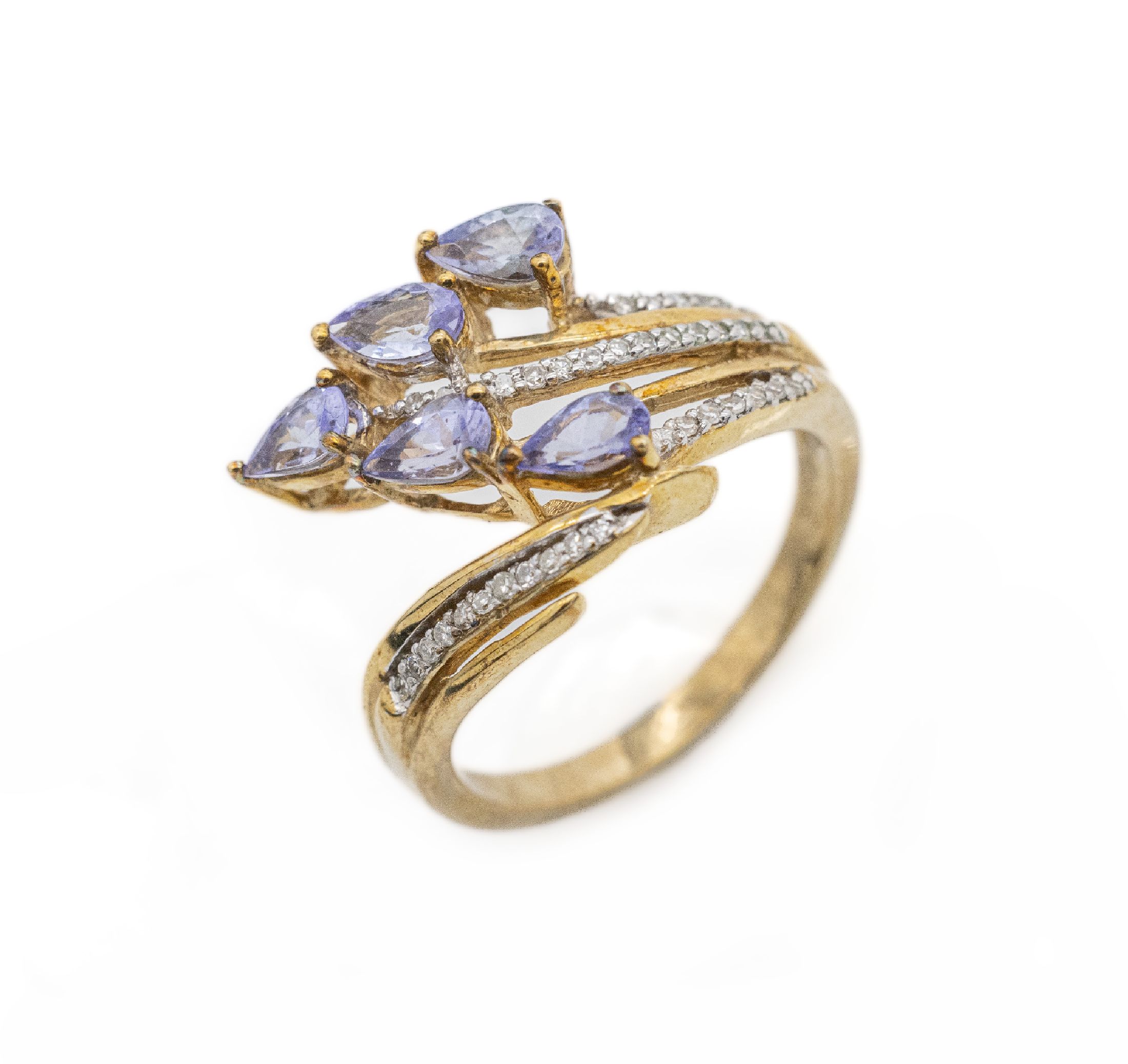 9 kt Gold Tansanit-Diamant-Ring, GG 375/000, 5 facett. Tansanittropfen zus. ca. 1.20 ct, 36 8/8-Diamanten zus. ca. 0.25 ct Weiß/si-p, RW 55, ca. ...