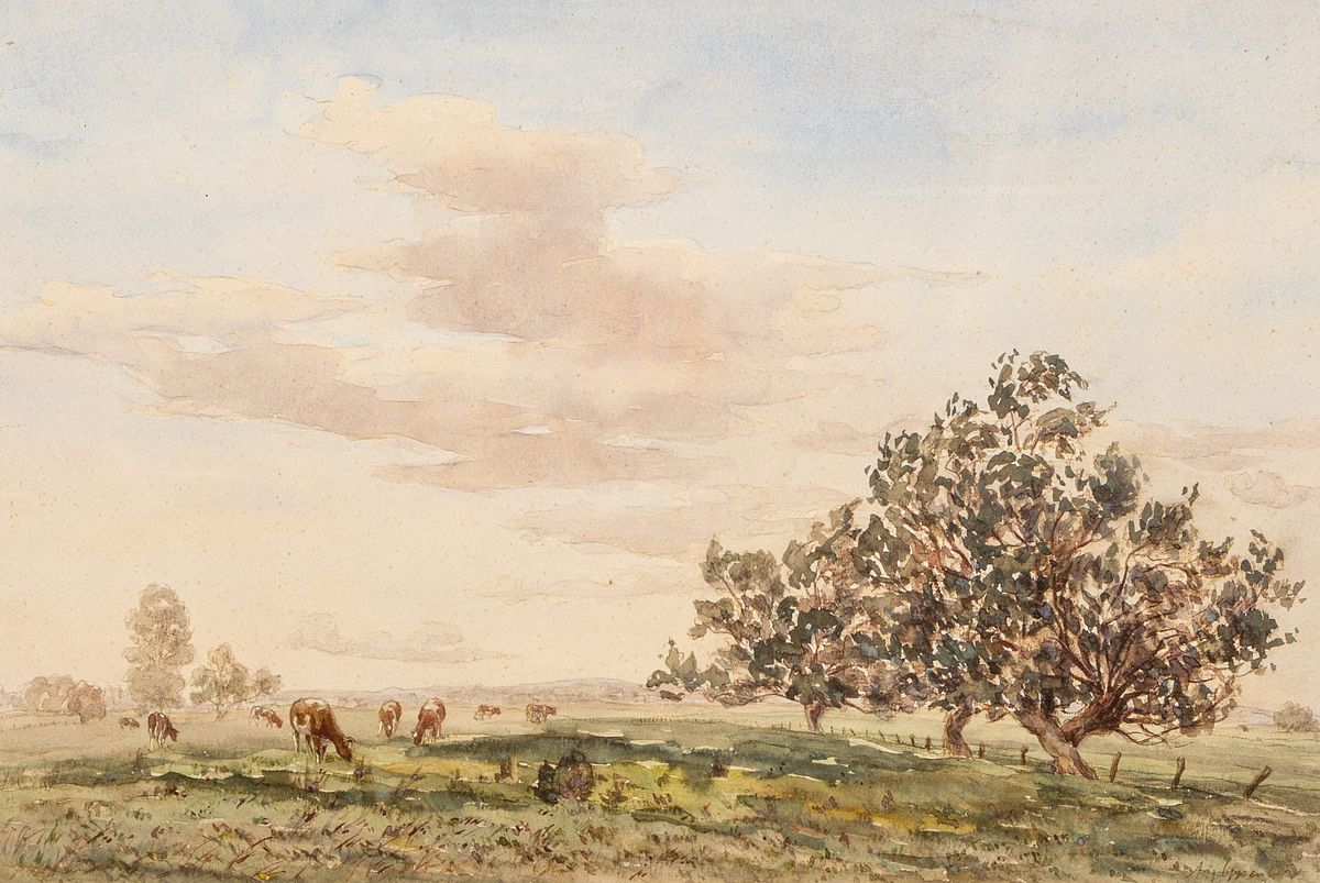 August Oppenberg, 1896 Bochum-1971 Wesel, Studium an der Kunstgewerbeschule Düsseldorf, hier: Weite Landschaft mit weidenden Kühen und Baumgruppen, ...