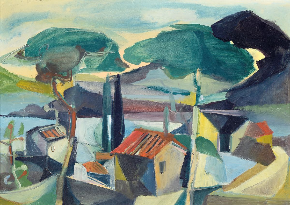 G. Wittwer, datiert (19)57, Stadt am See, Öl/Hartfaser, links oben sign. und dat., Reinigung empfohlen, ca. 42x60cm