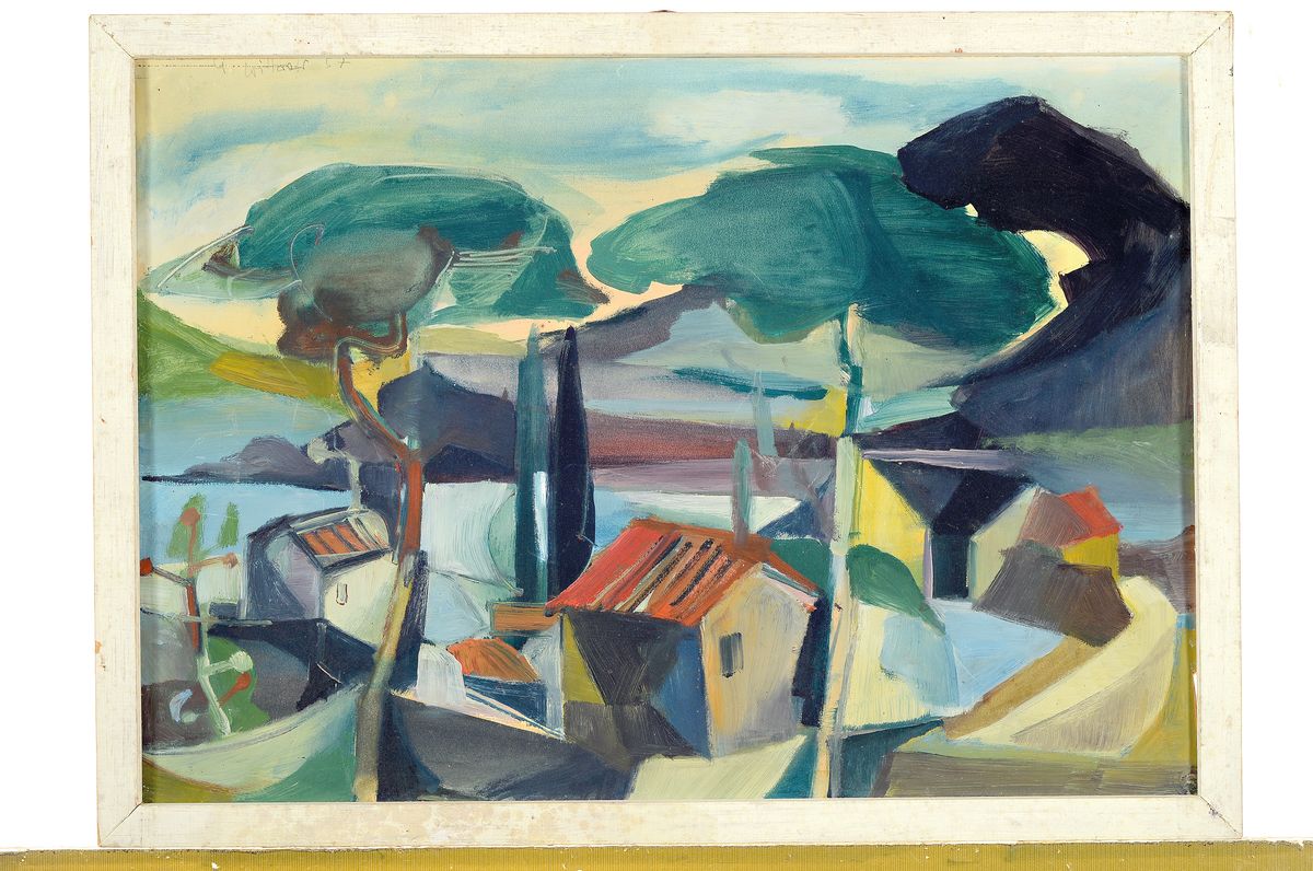 Detail k: G. Wittwer, datiert (19)57, Stadt am See, Öl/Hartfaser, links oben sign. und dat., Reinigung empfohlen, ca. 42x60cm