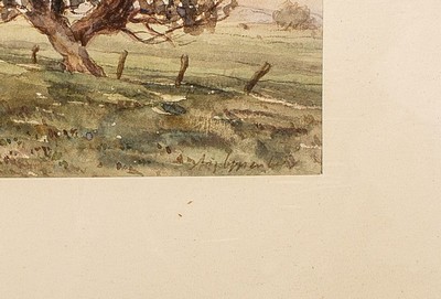 26531043a - August Oppenberg, 1896 Bochum-1971 Wesel, Studied at the School of Applied Arts Düsseldorf, here: wide landscape with grazing cows and groups of trees, watercolor on paper,signed lower right, approx. 25.5x38cm, PP, under glass, frame approx. 42x53cm