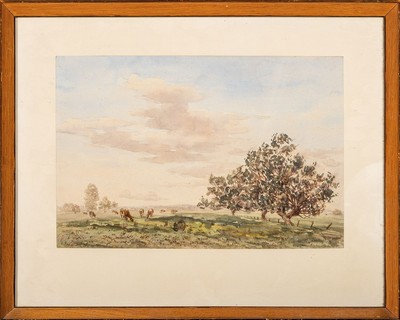 26531043k - August Oppenberg, 1896 Bochum-1971 Wesel, Studied at the School of Applied Arts Düsseldorf, here: wide landscape with grazing cows and groups of trees, watercolor on paper,signed lower right, approx. 25.5x38cm, PP, under glass, frame approx. 42x53cm