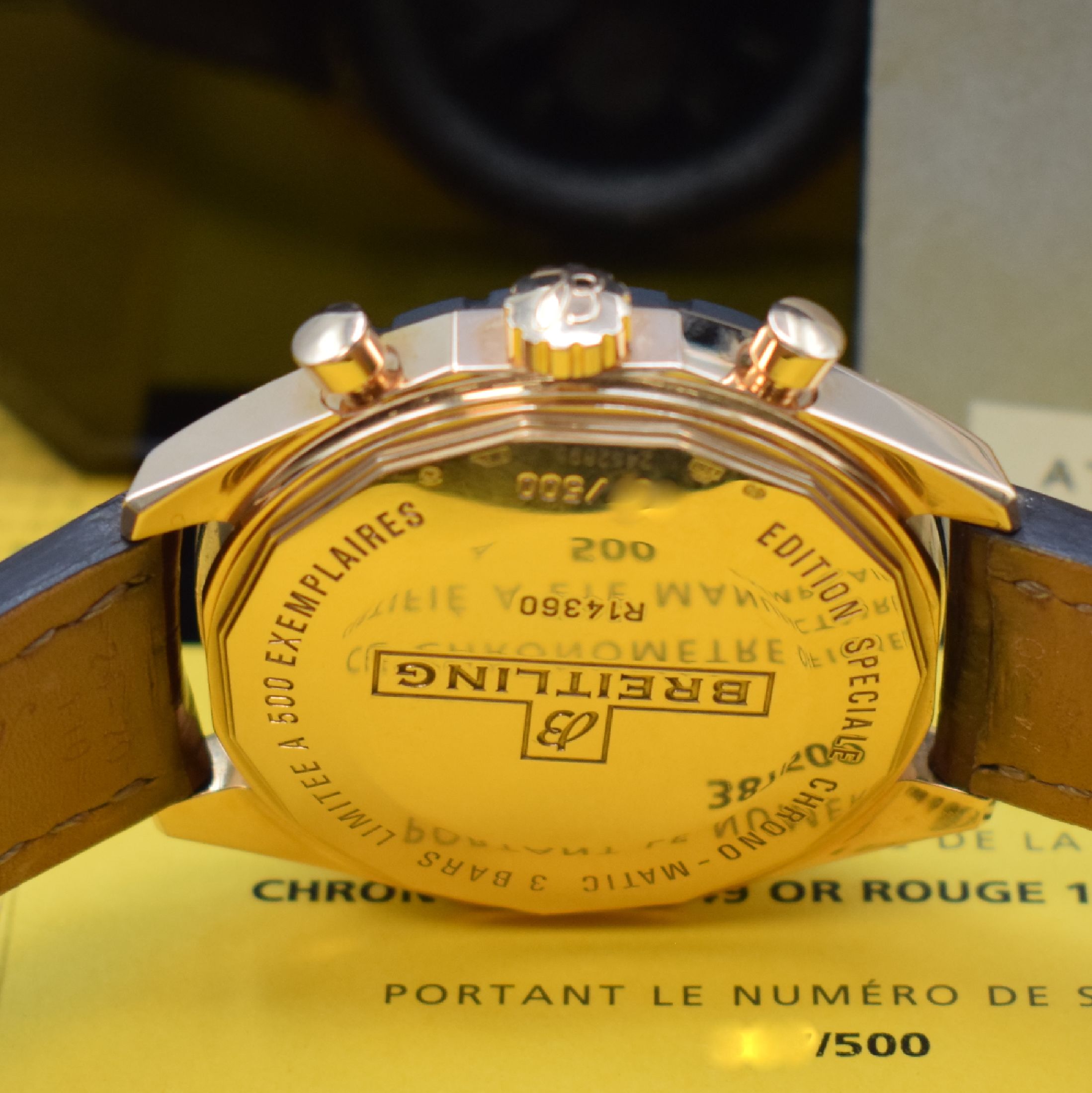Detail e: BREITLING auf 500 Stück limitierter Armbandchronograph Chrono-Matic 49 in Roségold 750/000 Referenz R14360, Automatik, Boden verschr., orig. ...