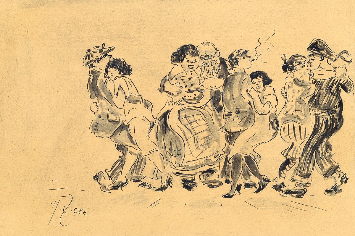 Zuschreibung: Heinrich Zille, 1858 Radeburg - 1929 Berlin, Tuschezeichnung, Figurengruppe beim ausgelassenen Tanz, 4 Pärchen in variantenreicher ...