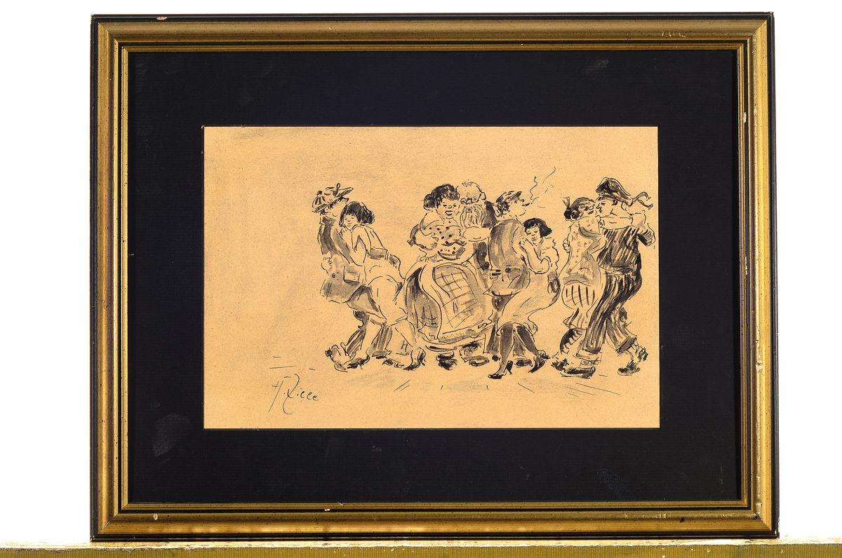 Detail k: Zuschreibung: Heinrich Zille, 1858 Radeburg - 1929 Berlin, Tuschezeichnung, Figurengruppe beim ausgelassenen Tanz, 4 Pärchen in variantenreicher ...