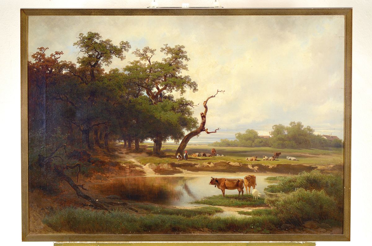 Detail k: Melchior Fritsch, 1826 - 1889 Wien, Studium an der Akademie Wien, Flusslandschaft am Waldrand, Hirtenpaar mit Rinderherde, Wolken verhangener Himmel, ...