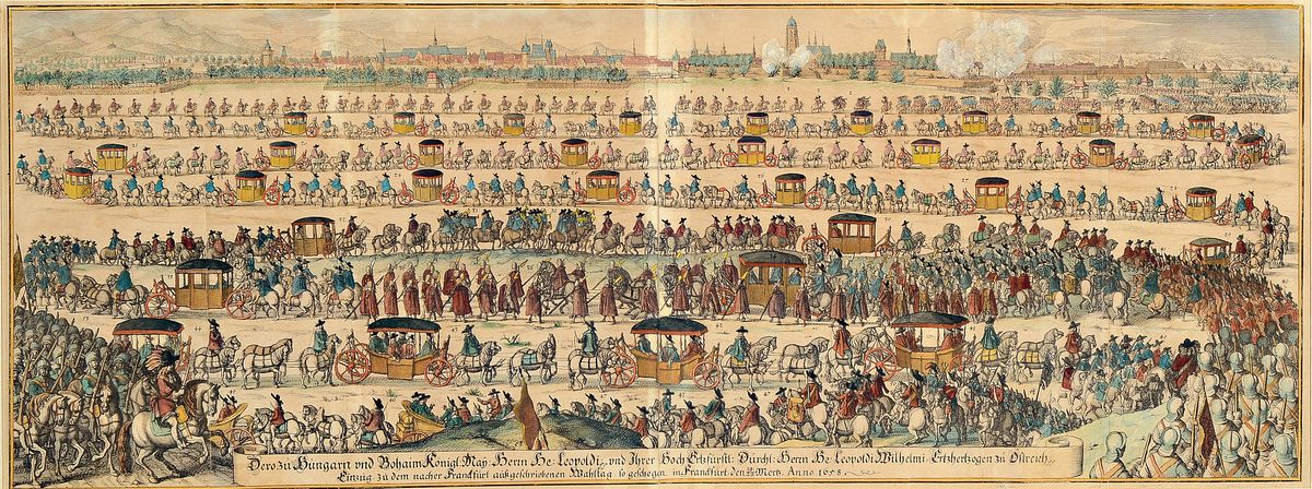 Caspar Merian (1627-1686): Feierlicher Einzug König Leopolds I. in Frankfurt zur Kaiserwahl 1658, Kupferstich von zwei Platten, aus Theatrum ...