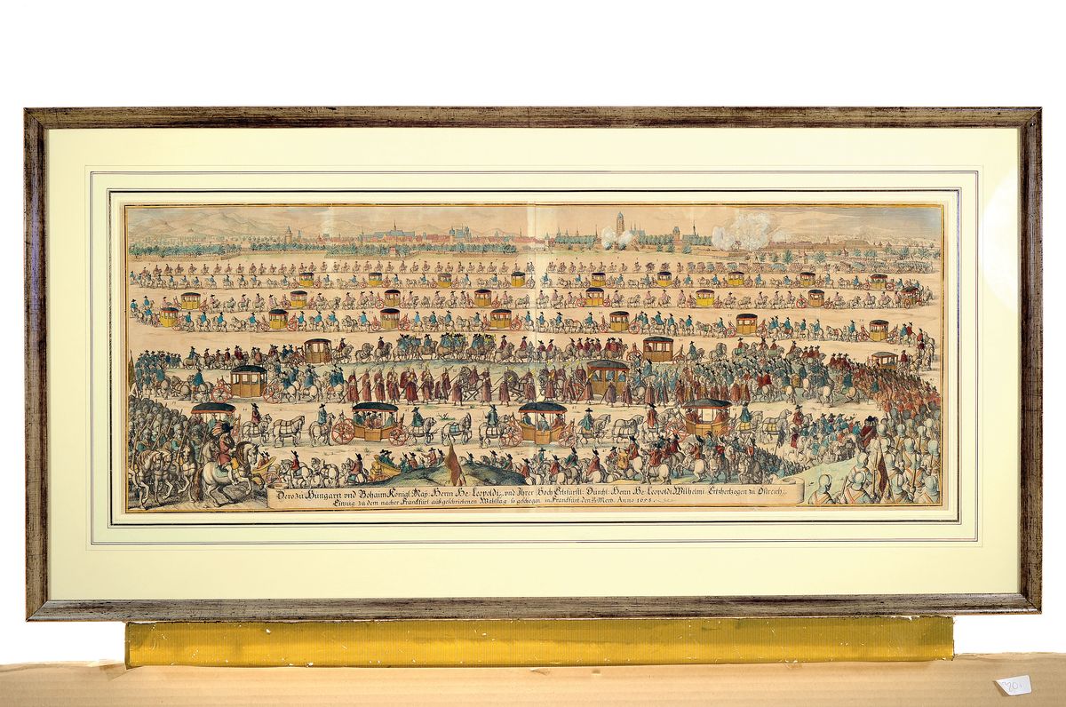 Detail k: Caspar Merian (1627-1686): Feierlicher Einzug König Leopolds I. in Frankfurt zur Kaiserwahl 1658, Kupferstich von zwei Platten, aus Theatrum ...