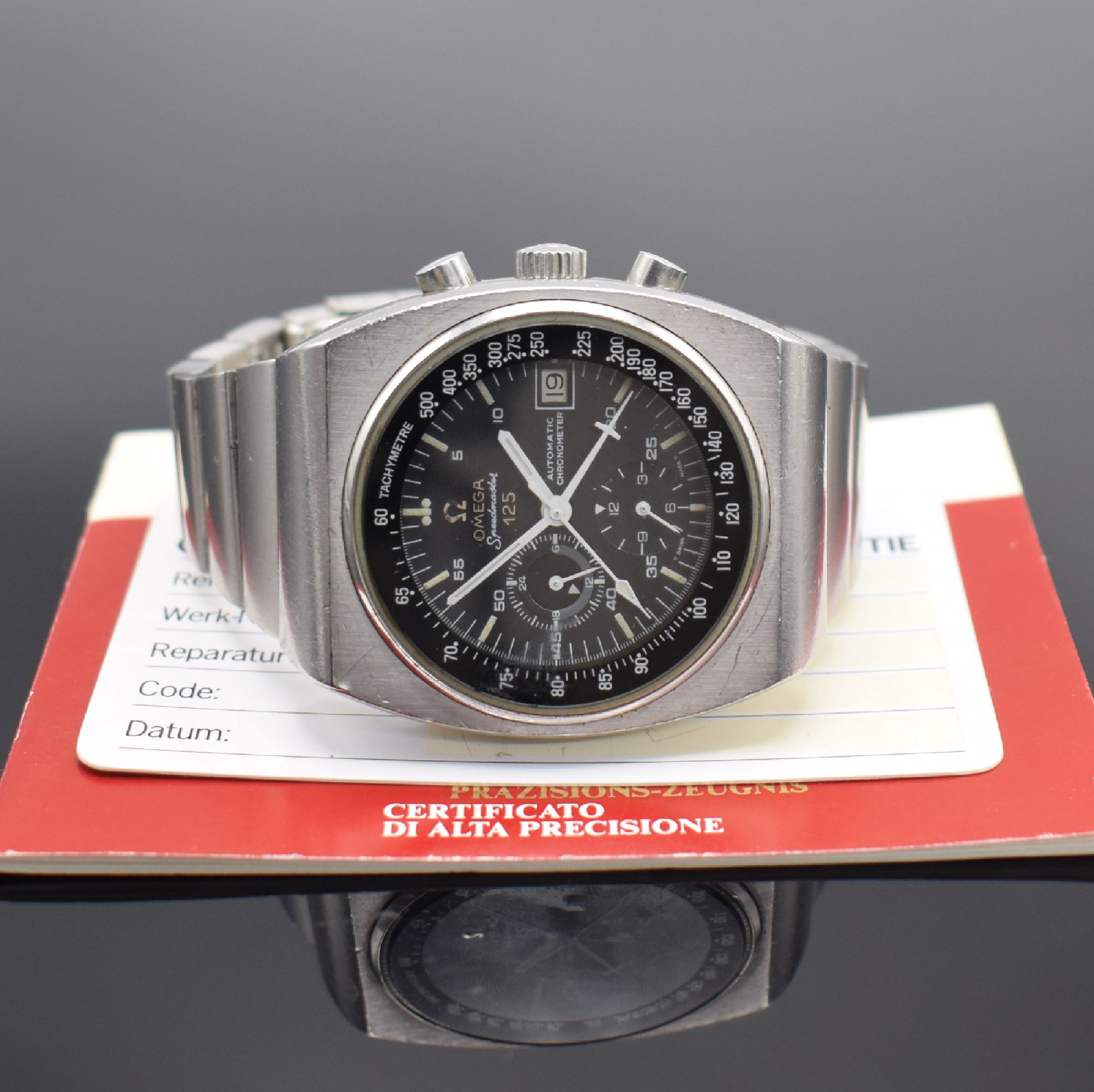 Detail h: OMEGA Speedmaster 125 Herrenarmbanduhr mit Chronograph in Chronometerqualität Referenz 378.0801/178.0002, Schweiz um 1975, Automatik, massives ...