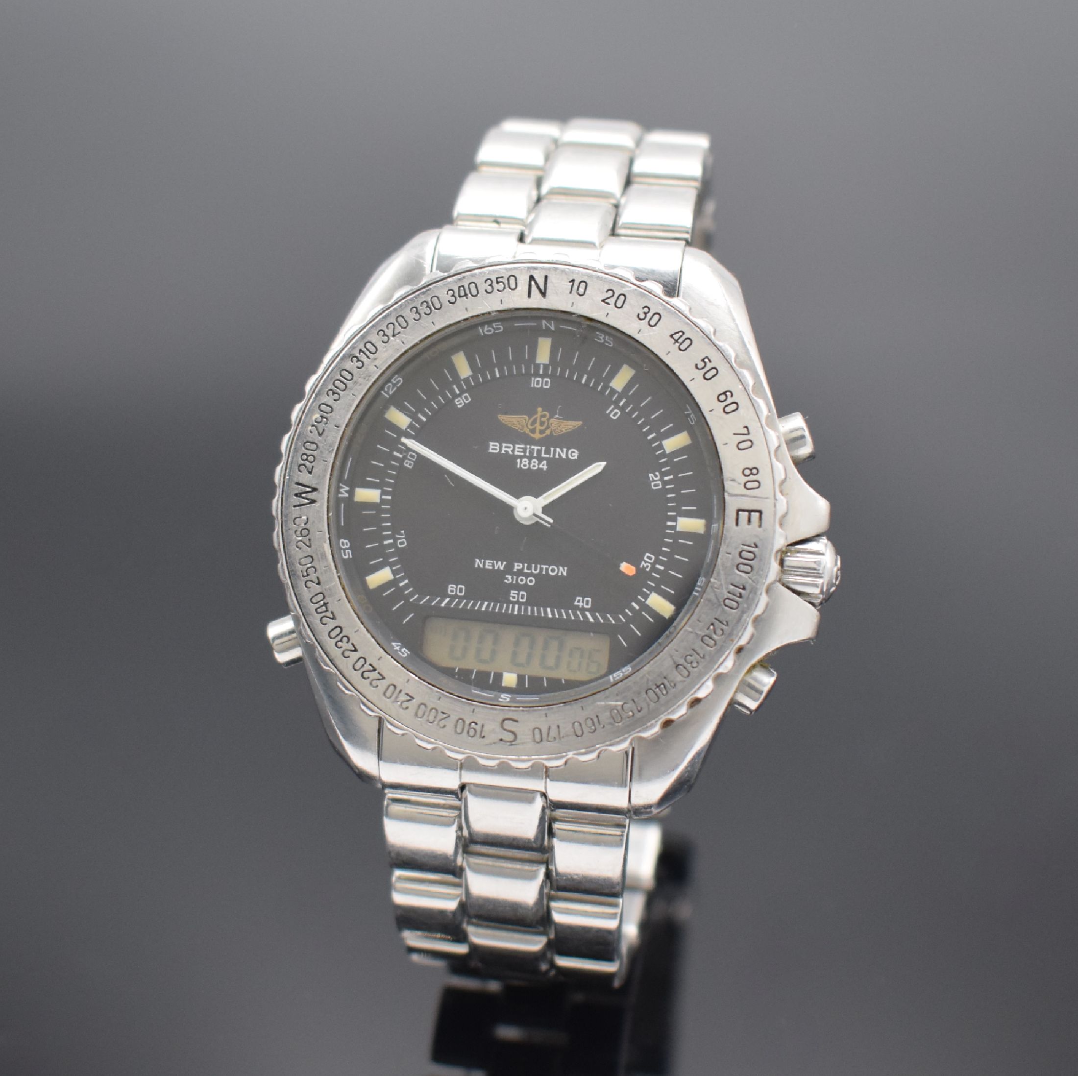 BREITLING New Pluton Herrenarmbanduhr in Stahl Referenz A51038, Schweiz 1990er Jahre, quarz, Boden & Krone verschr., orig. Stahlband m. Faltschl., ...