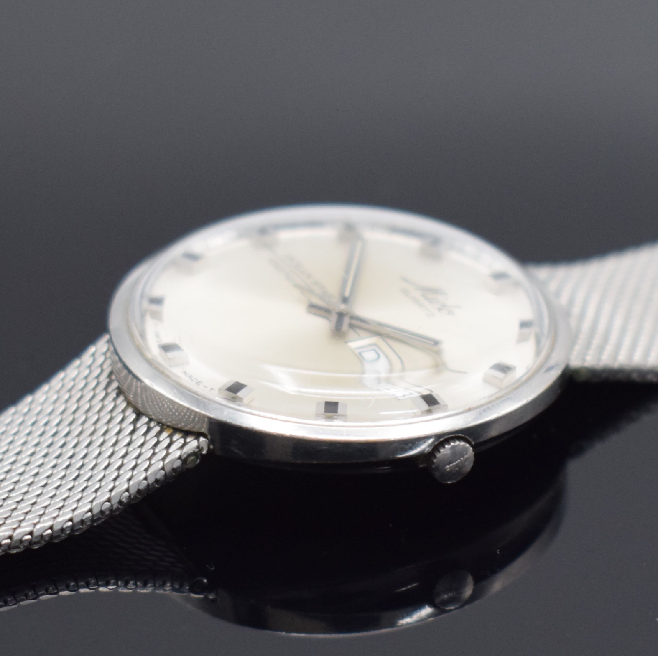 Detail c: MIDO Ocean Star datoday Herrenarmbanduhr in Stahl, Schweiz um 1995, quarz, Monocoque- Geh. inkl. Meshband, Boden m. Jubiläumsgravur,silb. ...