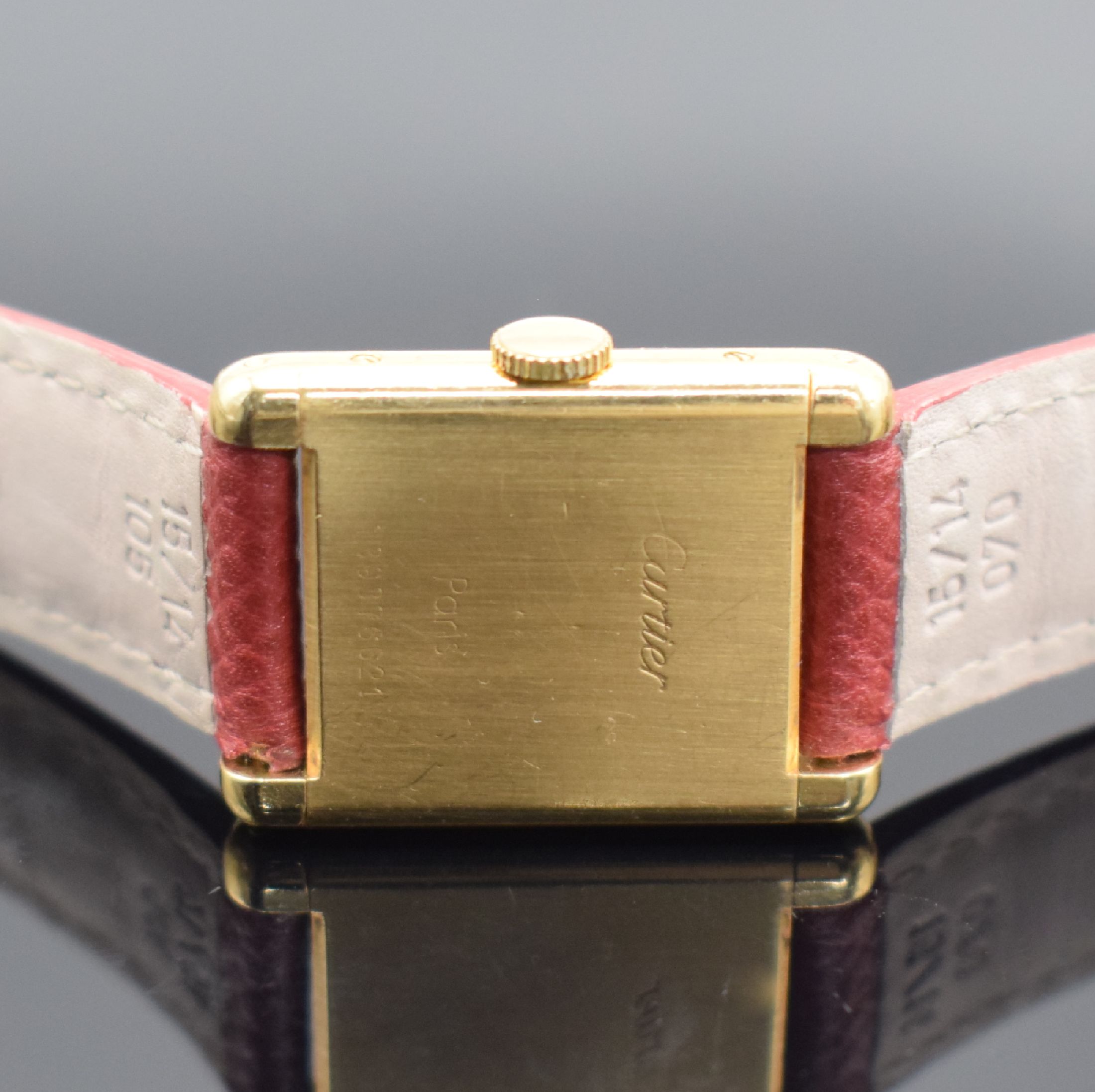 Detail c: CARTIER Tank Damenarmbanduhr in GG 750/000, Schweiz um 1980, Handaufzug, rechteck. Geh., seitl. 4-fach verschr., Krone später, versilb. ...
