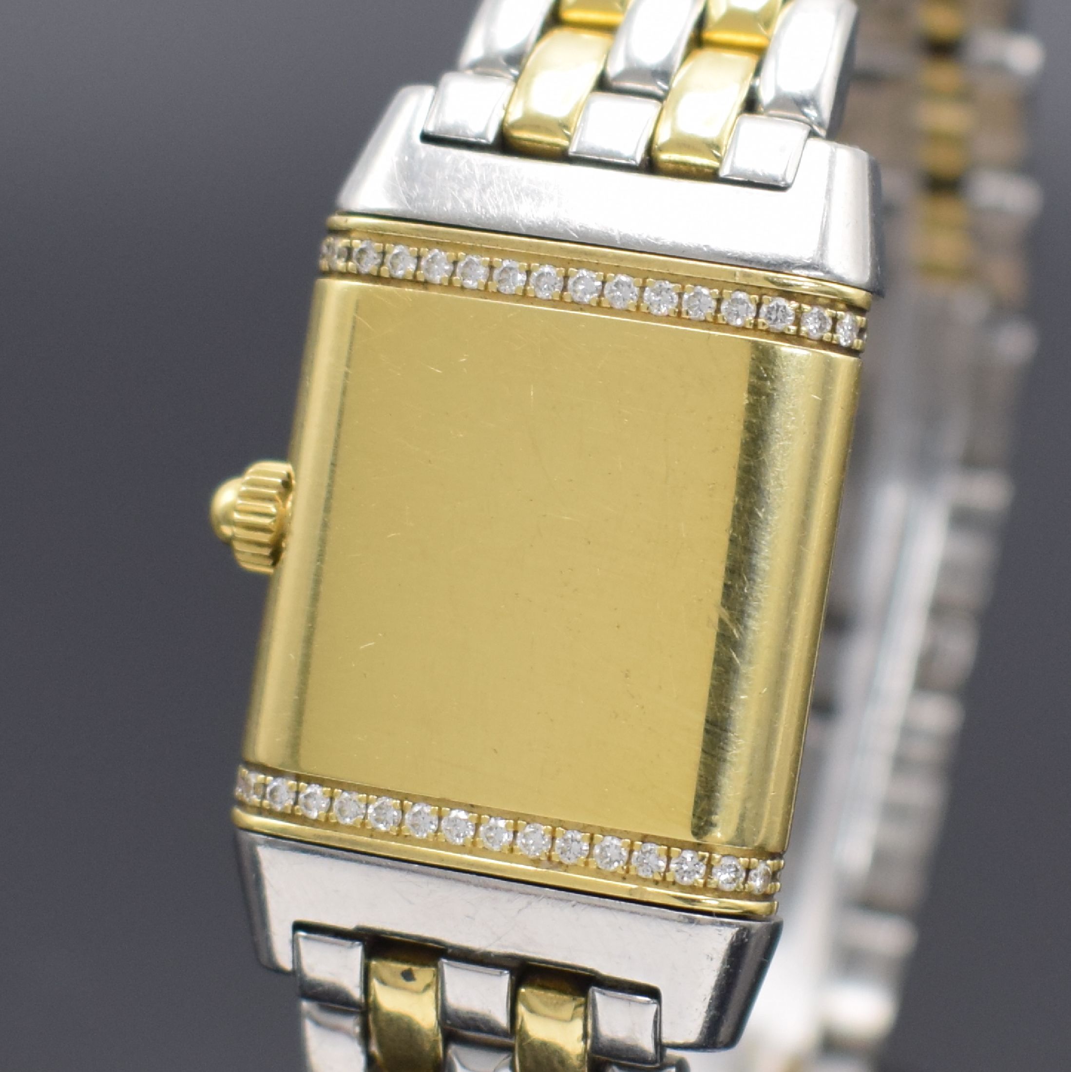 Detail b: Jaeger-LeCoultre Reverso Damenarmbanduhr in Stahl/Gold mit Diamanten Referenz 265.5.08, Schweiz um 2005, quarz, um 180 Grad drehb. Wendegeh. in GG ...