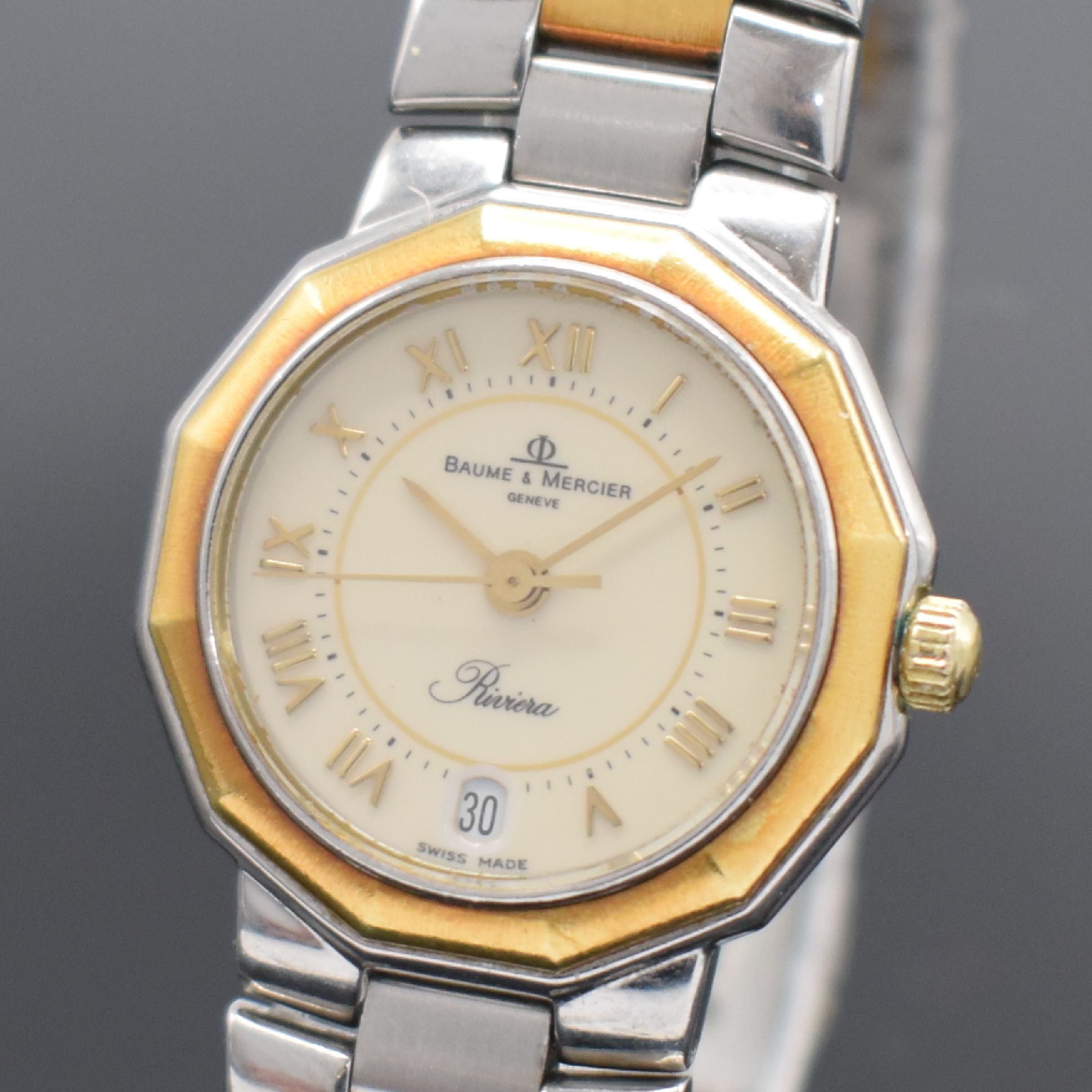 Detail a: BAUME & MERCIER Riviera Damenarmbanduhr in Stahl/Gold Referenz 5231.3, Schweiz um 1990, quarz, Gliederband m. Faltschl., Boden geschr., cremefarb. ...