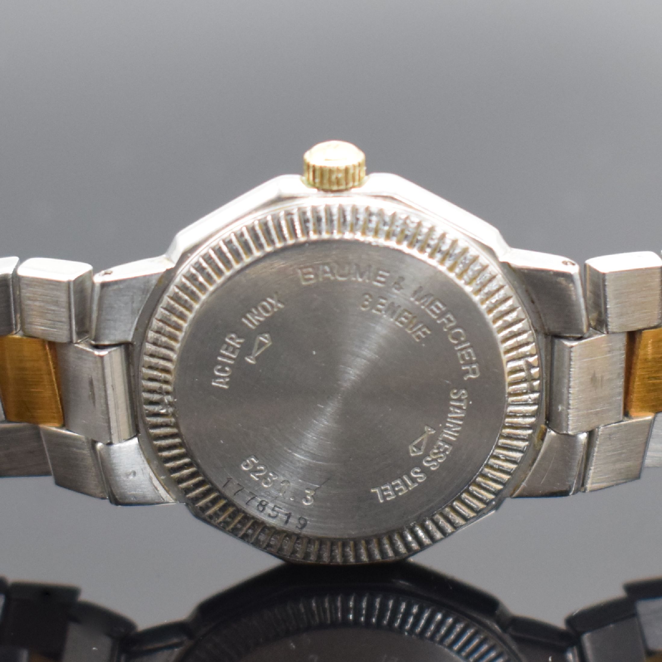 Detail d: BAUME & MERCIER Riviera Damenarmbanduhr in Stahl/Gold Referenz 5231.3, Schweiz um 1990, quarz, Gliederband m. Faltschl., Boden geschr., cremefarb. ...