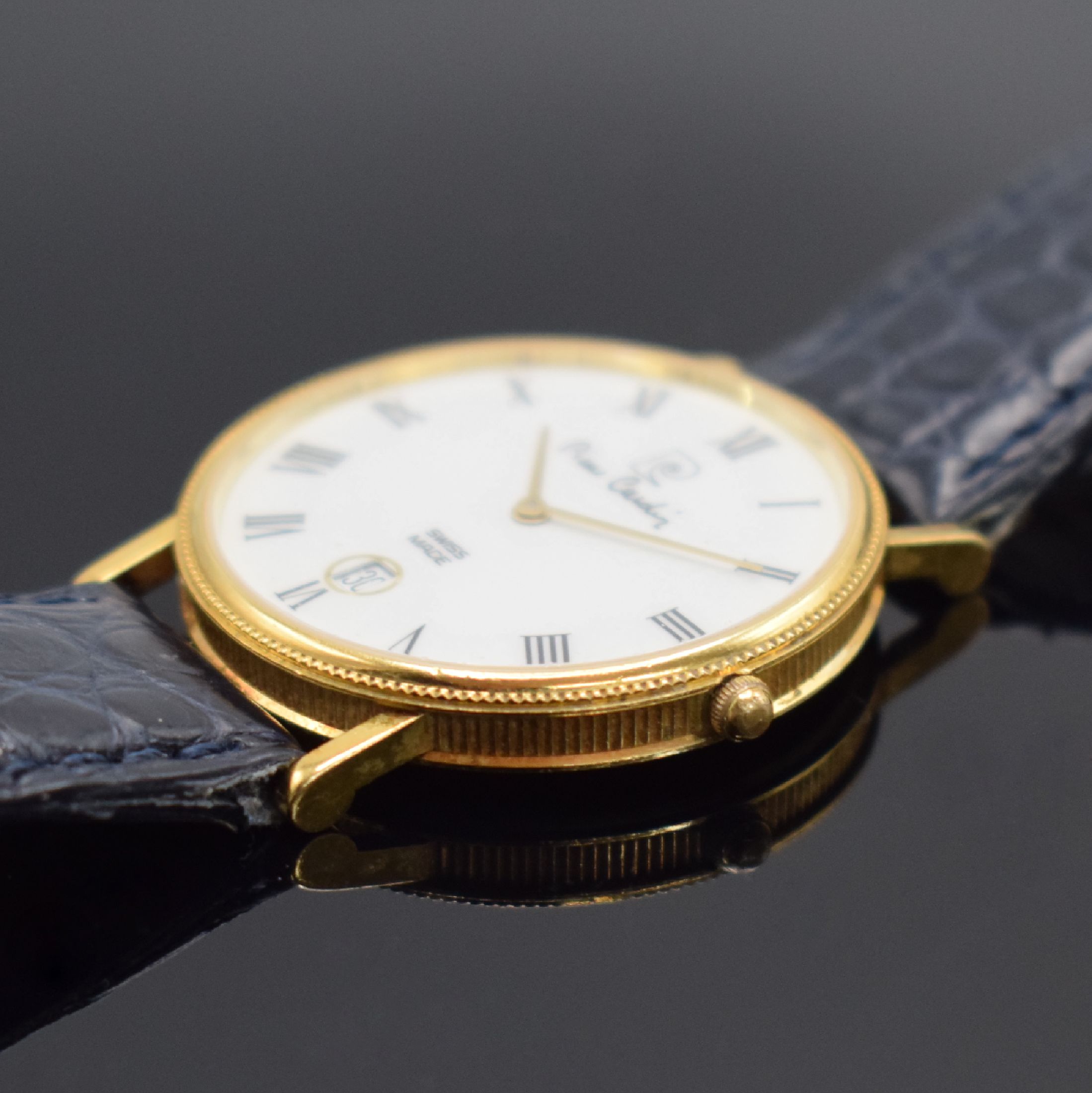 Detail b: PIERRE CARDIN Armbanduhr in GG 750/000, Schweiz verk. lt. beil. Garantie 06/1994, quarz, Boden aufgedr., Münzrand, Saphirglas, weißes Zifferbl. m. ...