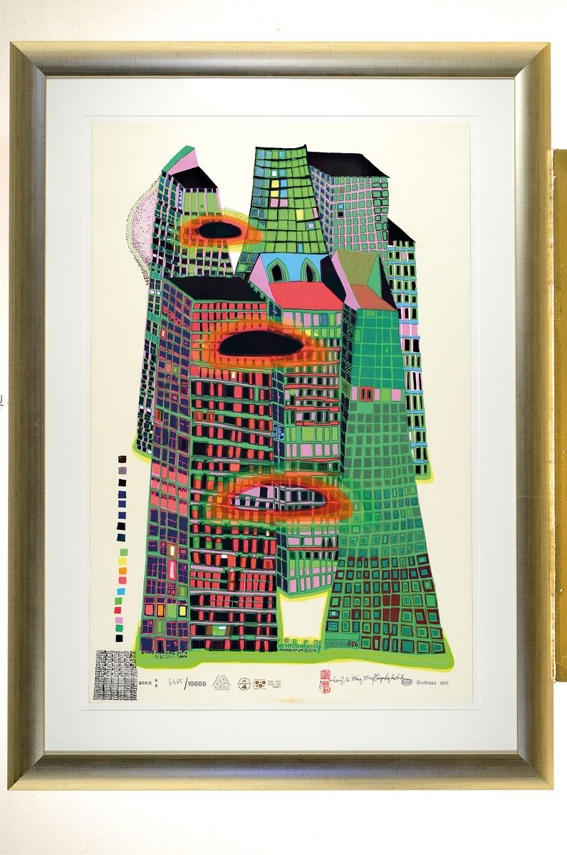 Detail k: Friedensreich Hundertwasser, 1928 - 2000, Farbsiebdruck mit Metallprägung auf Karton Fabriano, (mit Trockenstempel), handsigniert, datiert und ...