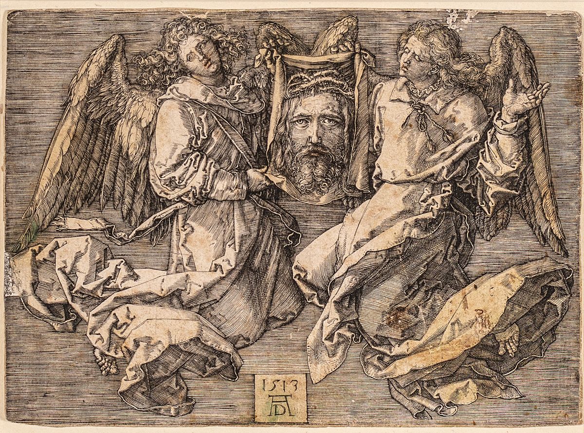 Albrecht Dürer, 1471 - 1528, kolorierter und lavierter Original- Kupferstich aus dem Jahre 1513, "Das Schweißtuch, von zwei Engeln ...