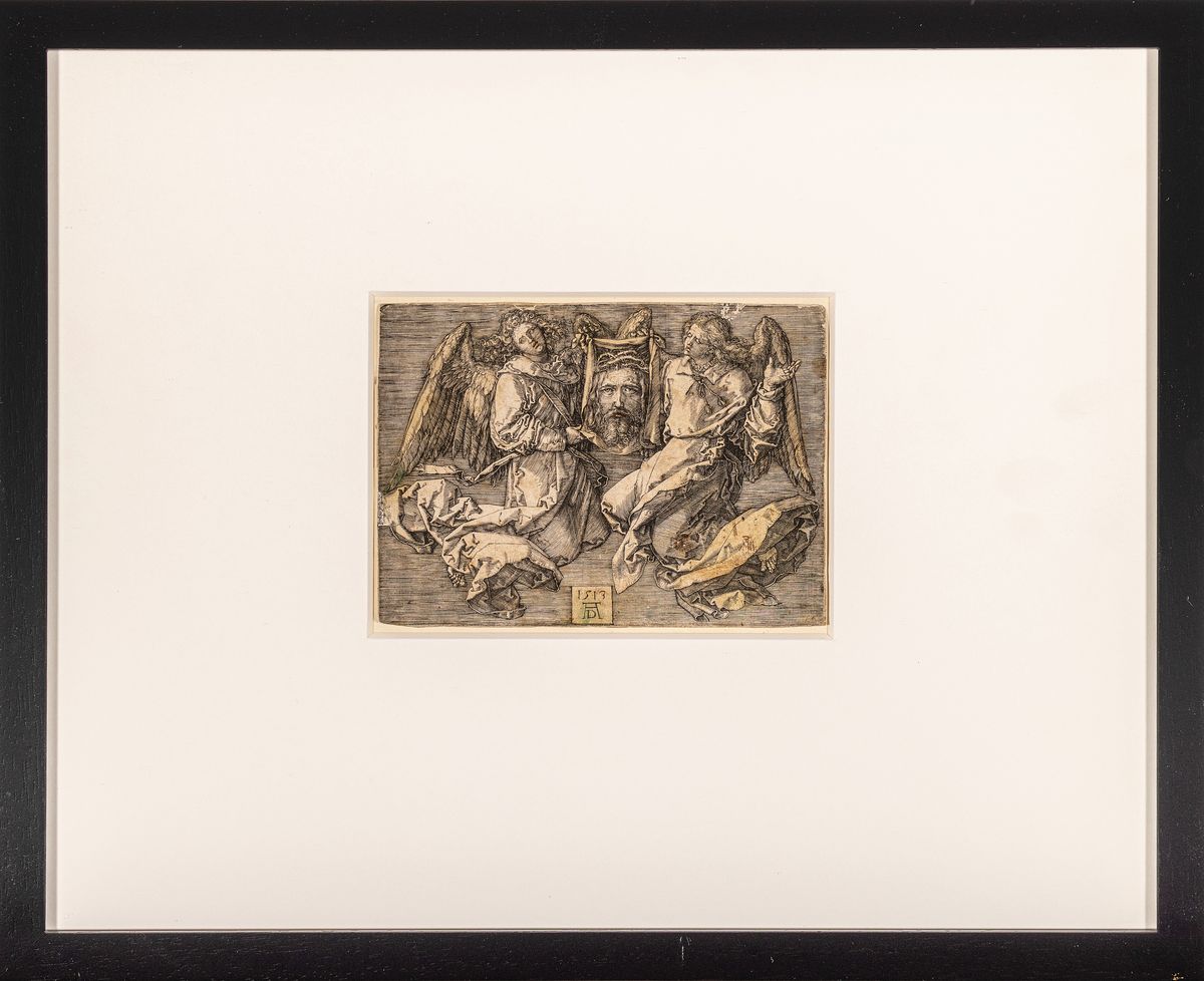 Detail k: Albrecht Dürer, 1471 - 1528, kolorierter und lavierter Original- Kupferstich aus dem Jahre 1513, "Das Schweißtuch, von zwei Engeln ...