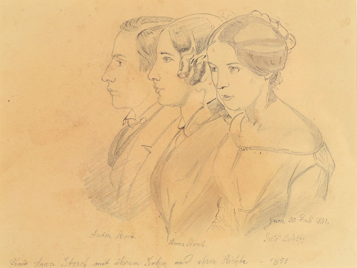 Friedrich Preller d. Ältere, 1804 Eisenach - 1878 Weimar, Bleistiftzeichnung bez. "Anton Storch, Anna Storch, Lute Ludolff, Frau Anna Storch ...