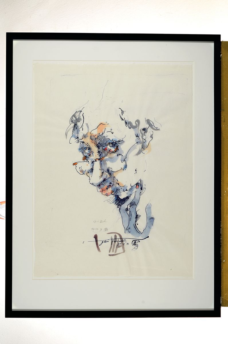 Detail k: Horst Janssen, 1929 - 1995, "Selbstbildnis", Aquarell über Grafik, zweifach handsigniert und datiert, (19)91, , Blatt ca. 63 x 46 cm, ...