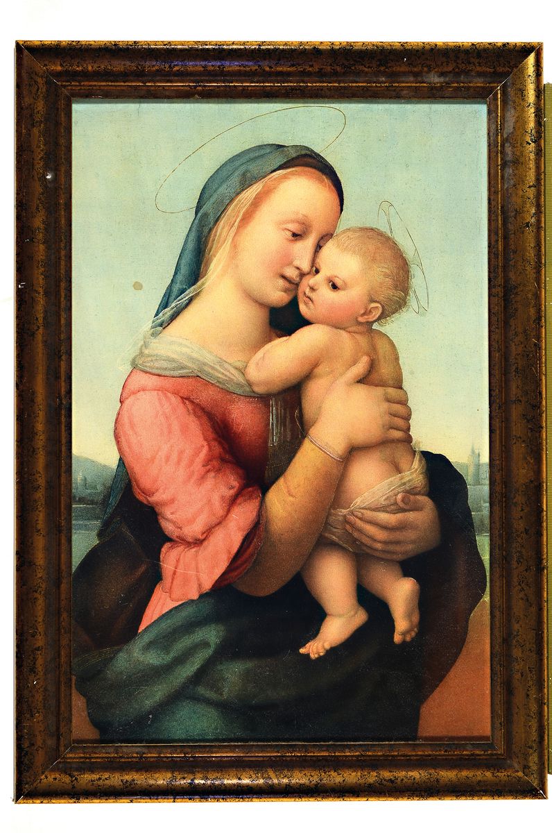 Detail k: Kunstdruck, um 1910-20, nach dem Gemälde "Madonna Tempi" von Raffael, ca. 73x47cm, unter Glas, gerahmt