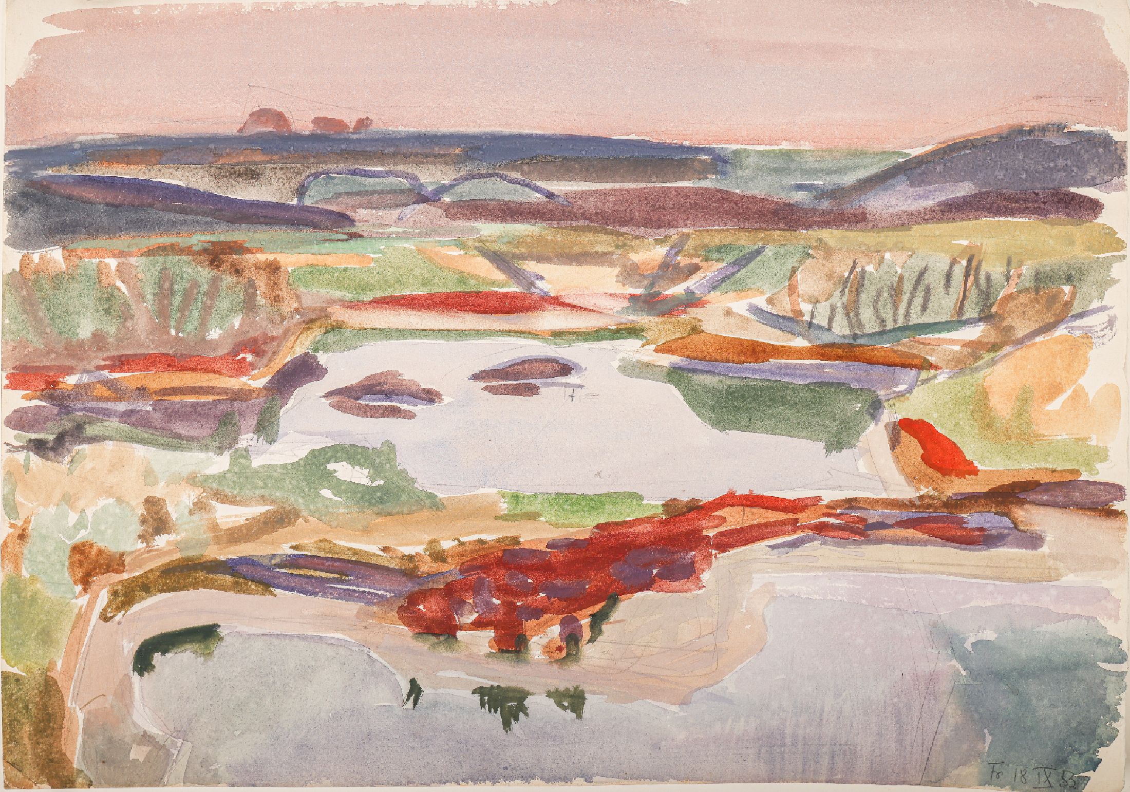 Erich Hartmann, 1886 - 1974, dat. Fr. 18.IX.53, expressionistische Landschaft mit See, Aquarell/ mit Wasserzeichen, rückseitig mit beglaubigtem ...