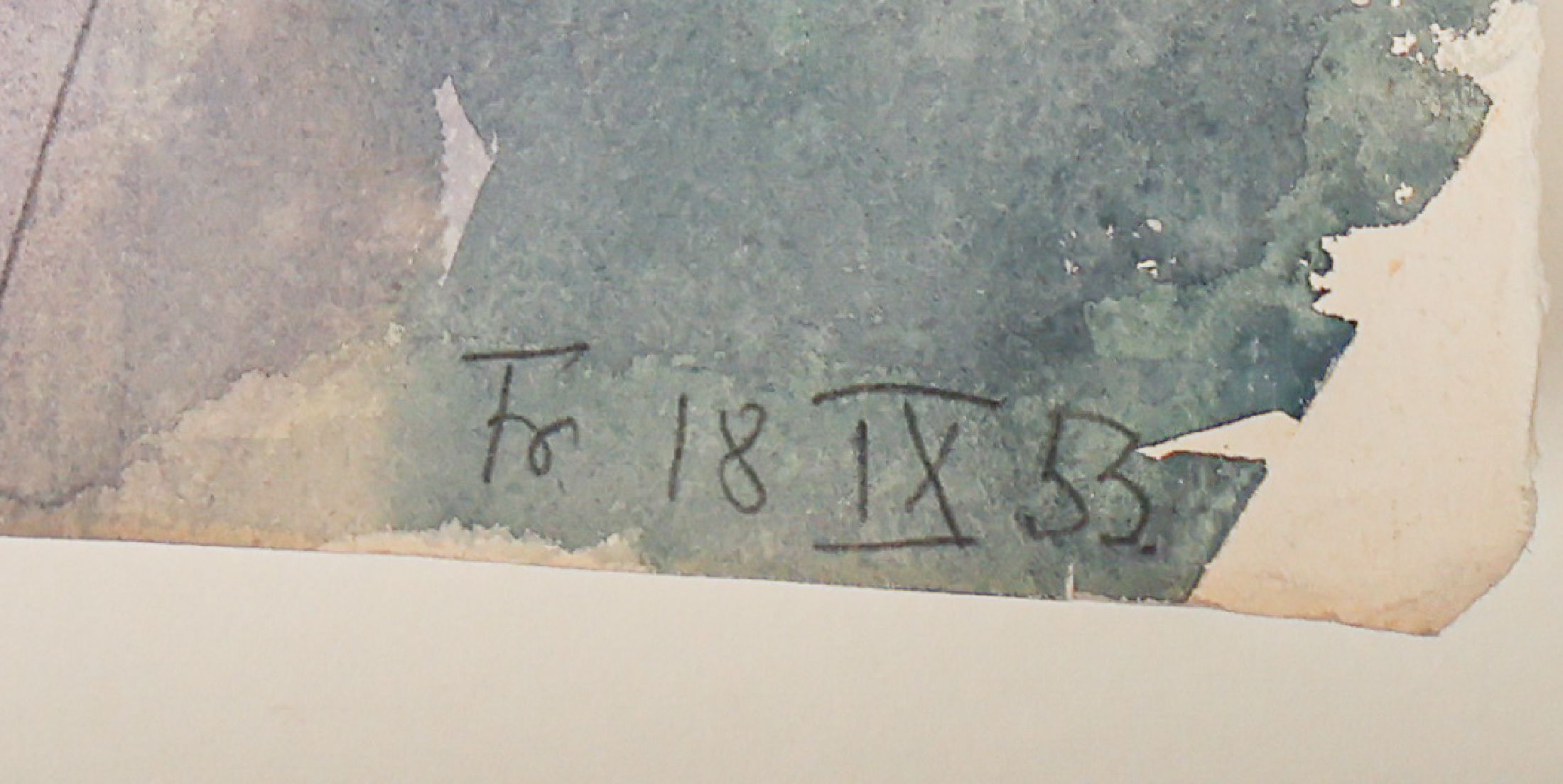 Detail a: Erich Hartmann, 1886 - 1974, dat. Fr. 18.IX.53, expressionistische Landschaft mit See, Aquarell/ mit Wasserzeichen, rückseitig mit beglaubigtem ...