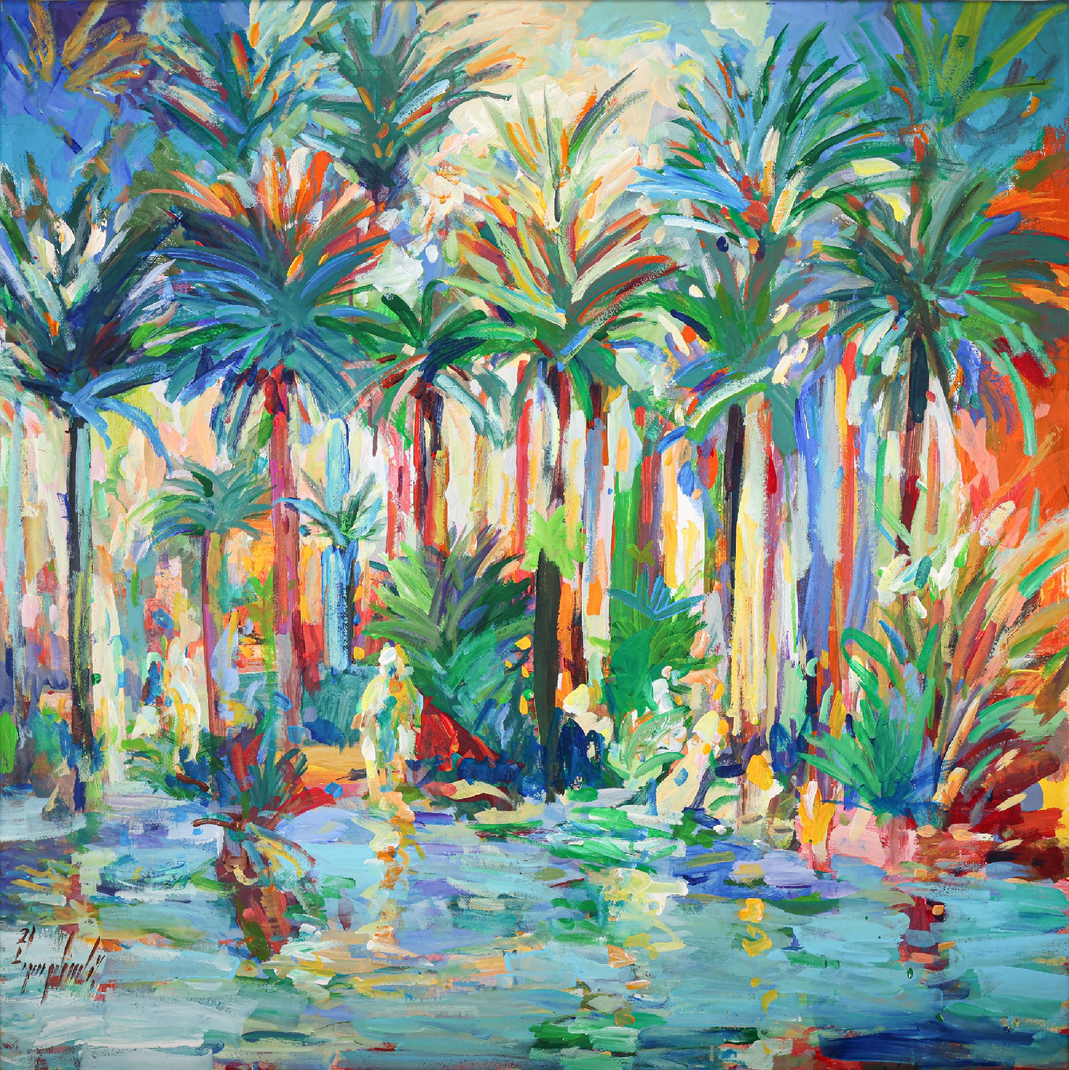Abbas Al-Mosawi, geb. 1952, Oasenlandschaft mit Figurenstaffage, Acryl/Lwd, signiert, dat. 2021, ca. 110 x 110 cm, der Künstler ist einer der ...