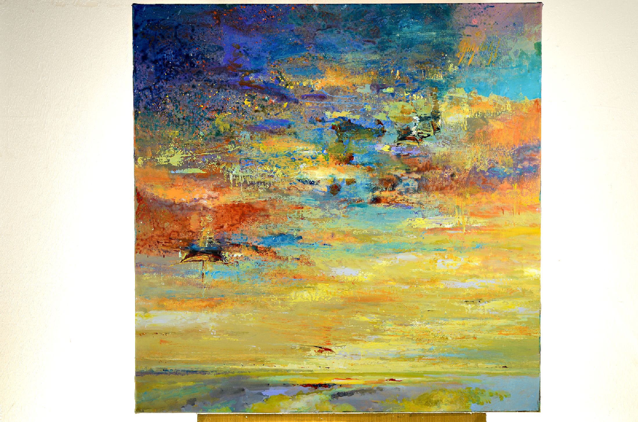 Abbas Al-Mosawi, geb. 1952, Seenlandschaft im Abendrot mit Fischerbooten, Acryl/Lwd, signiert, dat. 2021, ca. 110 x 110 cm, der Künstler ist einer ...