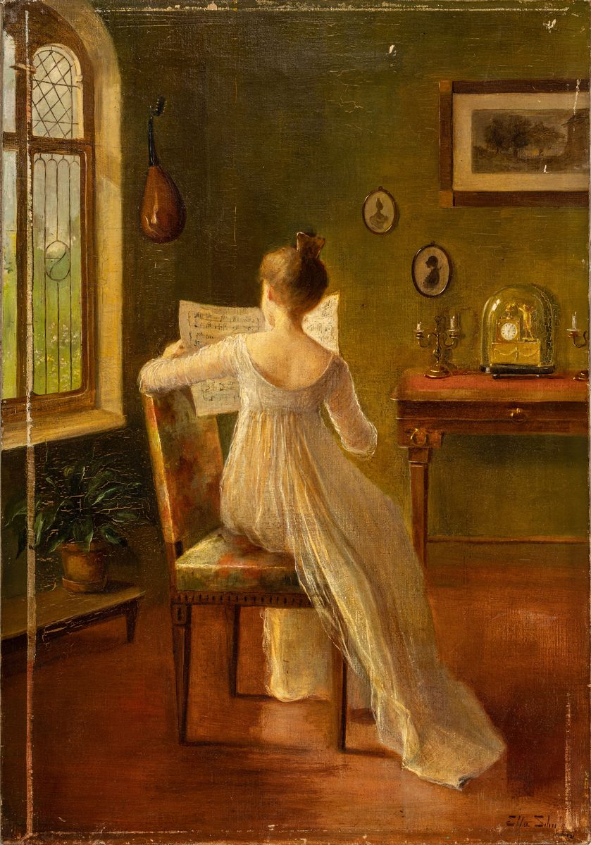 Ella Schulz (Hippler von Fischbach-Schulz), 1872 Karlsruhe-1966 Baden-Baden, Rückenansicht einer jungen Frau, ein Notenblatt lesend, ÖL/Lwd, rechts ...