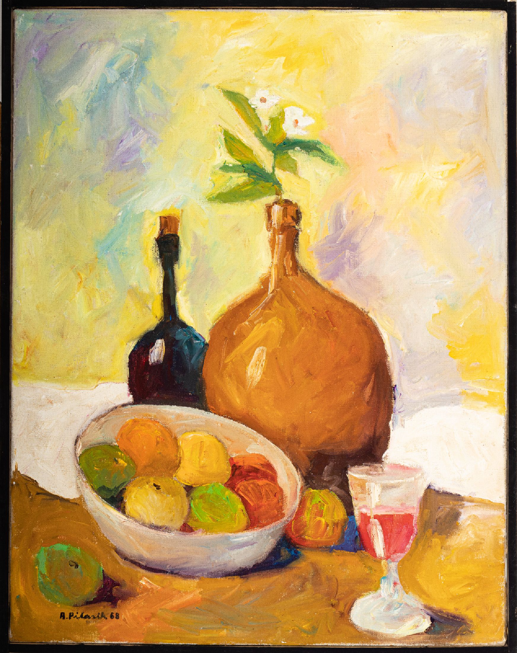 Annalise Pilasik, 1903 - 1989, Stillleben mit Flaschen und Obst, Öl/Lwd, signiert und dat. (19)68, ca. 70x 55 cm