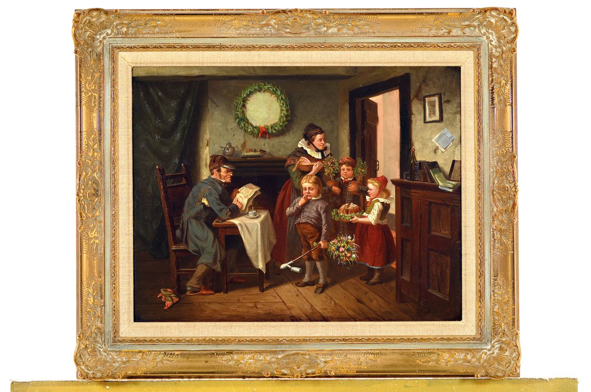 Detail k: Rudolf Oppenheim, 1828 - 1898, Hofmaler aus Rudolstadt, "die Gratulanten", Öl/Lwd, feine lasierende Malerei, breite erzählende und ...