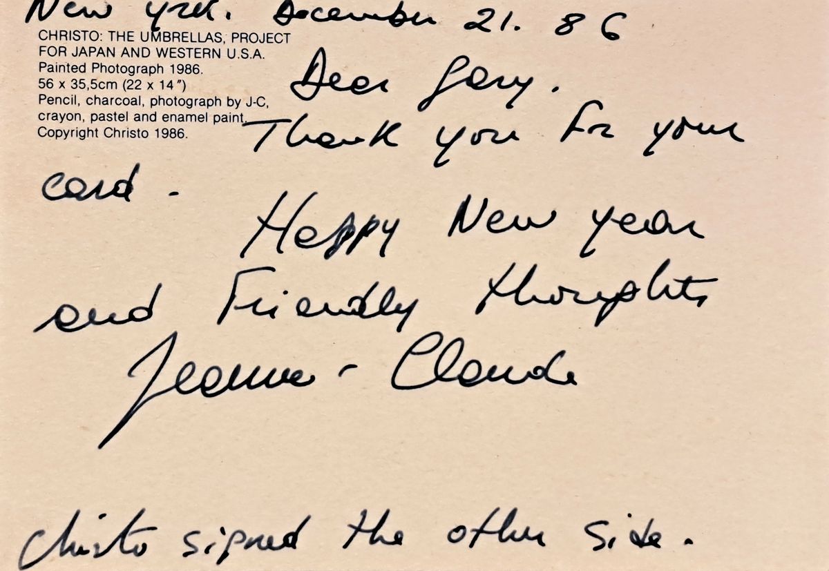 Detail a: Christo, 1935-2020, Multiple/Autograph, Jeanne Claude und Christo handsignierte Kunstpostkarte an Gary Sandman, selten handgeschriebene Postkarte von ...