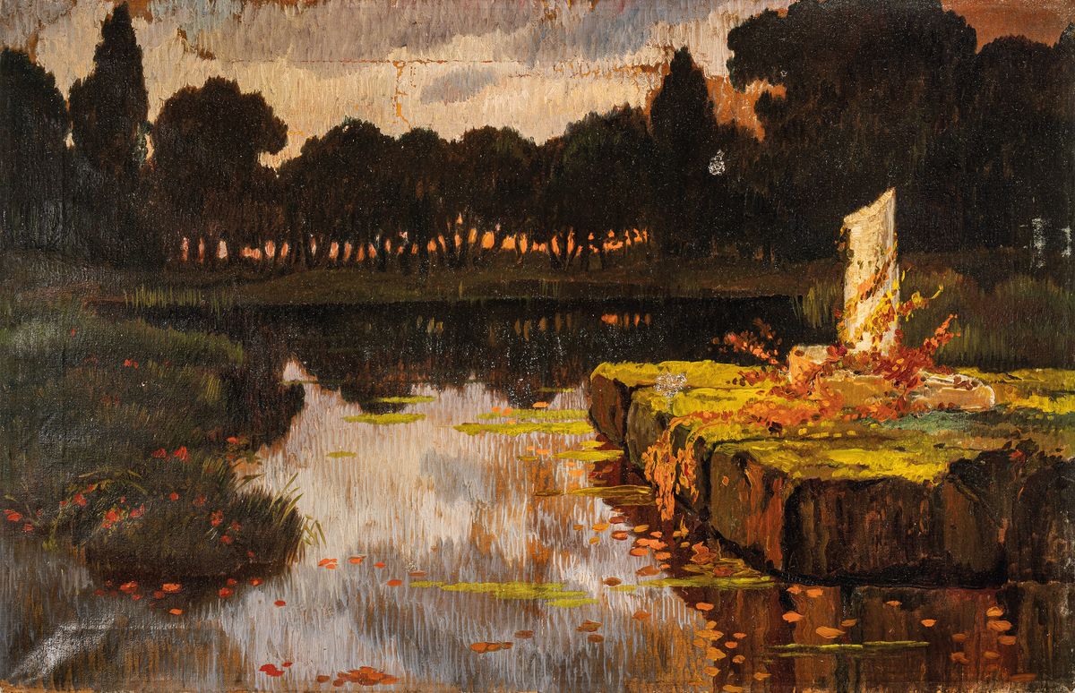 Unbekannter Künstler des Symbolismus, um 1900-10, Parklandschaft mit Gewässer und Säulenruine im Abendrot, im Hintergrund eine Baumreihe, durch ...