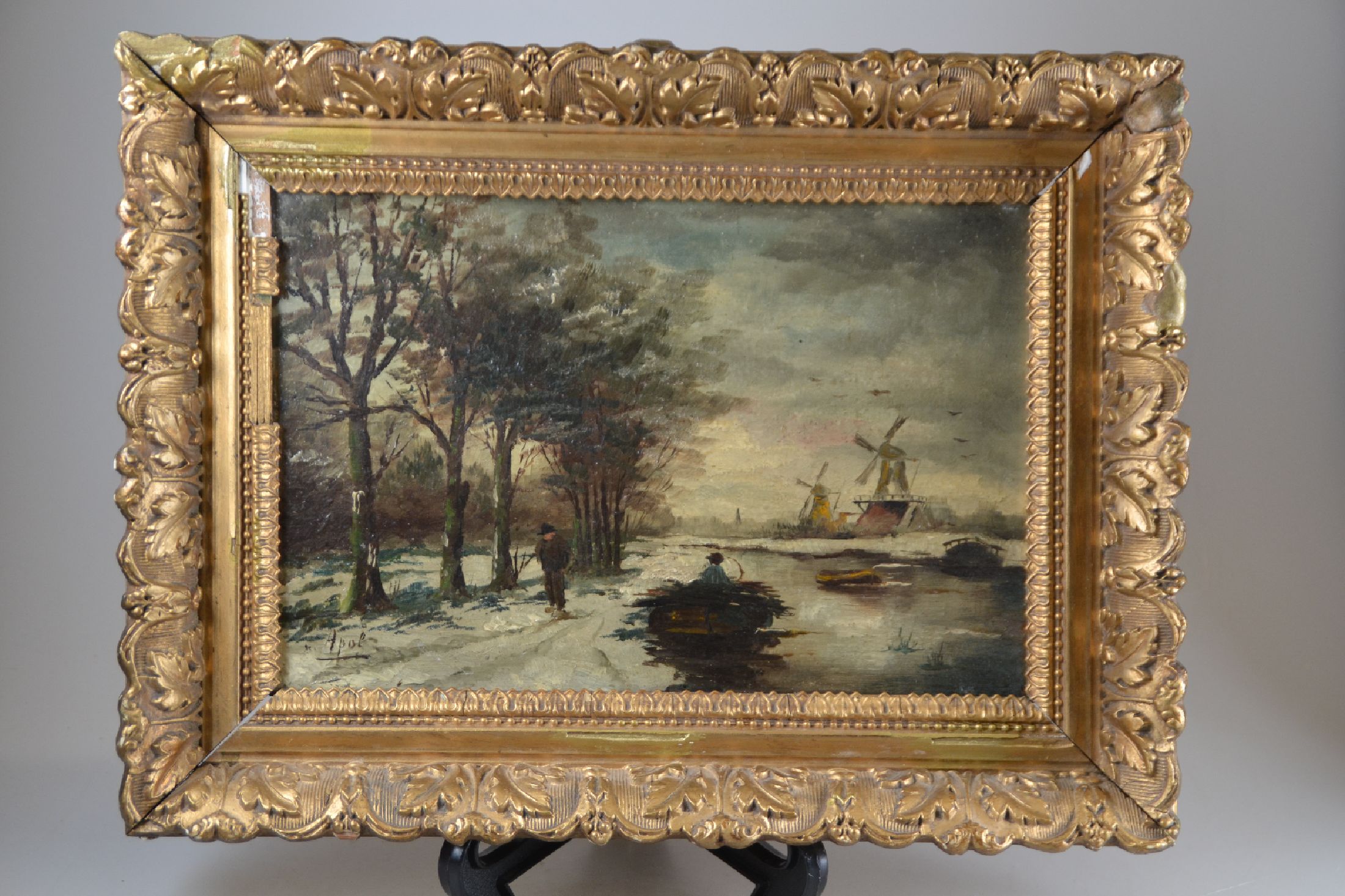 Detail a: Kopie nach Louis Apol (1859-1936), um 1900/10 , holländische Winterlandschaft, von Windmühlen gesäumter Fluss, Figurenstaffage, Öl/Holz, li. u. ...