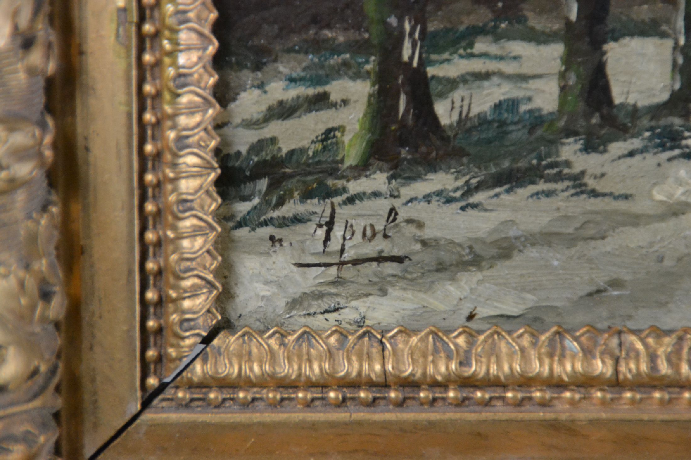 Detail b: Kopie nach Louis Apol (1859-1936), um 1900/10 , holländische Winterlandschaft, von Windmühlen gesäumter Fluss, Figurenstaffage, Öl/Holz, li. u. ...