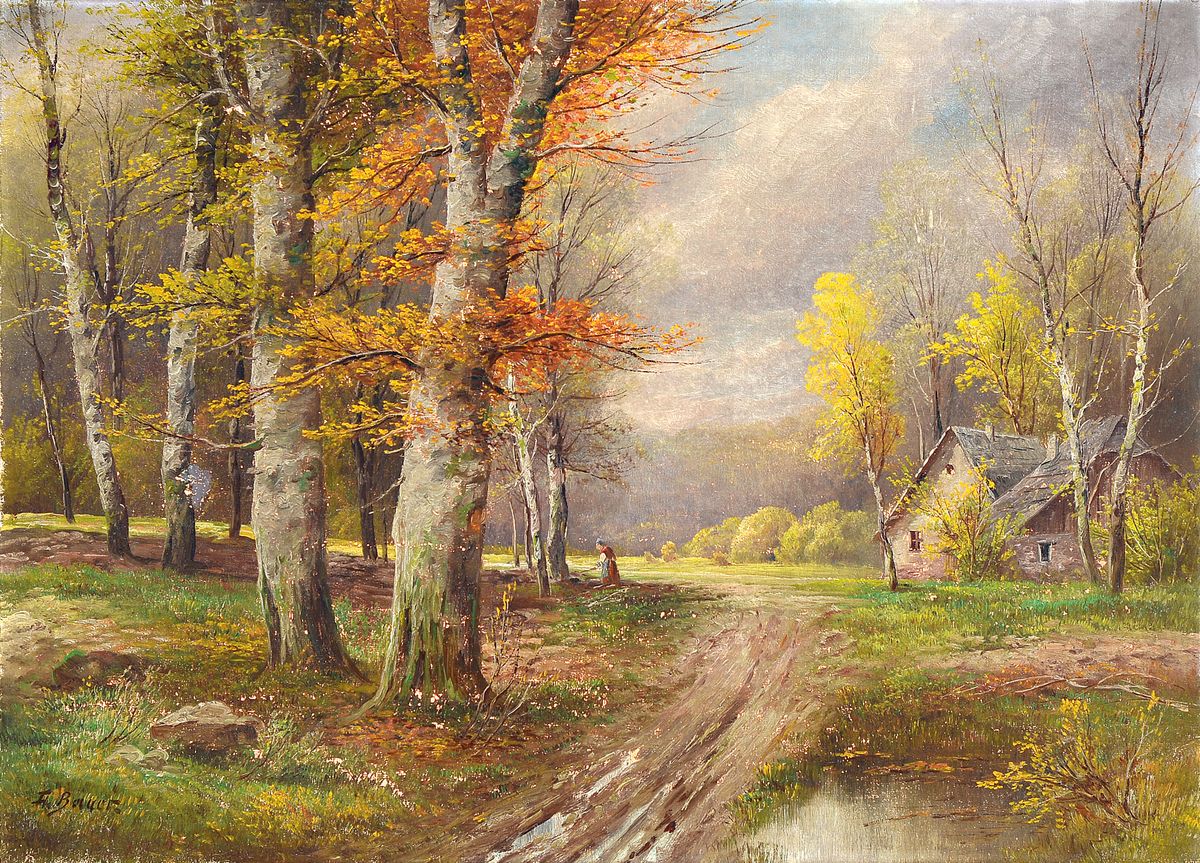A. Bauer, Maler um 1910-20, Waldlandschaft mit Bauernhaus und Holzsammlerin, Öl/Lwd, links unten signiert, ca. 52x71cm, R. ca. 71x91cm, kl. ...