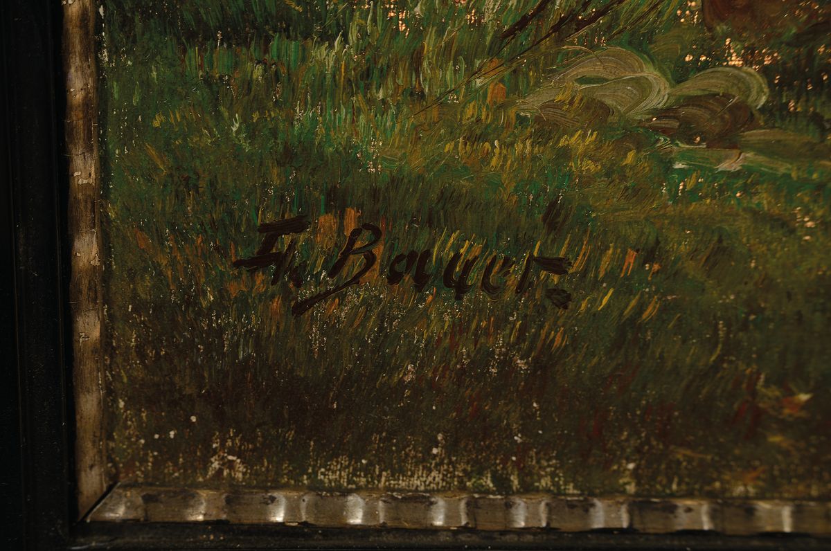 Detail a: A. Bauer, Maler um 1910-20, Waldlandschaft mit Bauernhaus und Holzsammlerin, Öl/Lwd, links unten signiert, ca. 52x71cm, R. ca. 71x91cm, kl. ...
