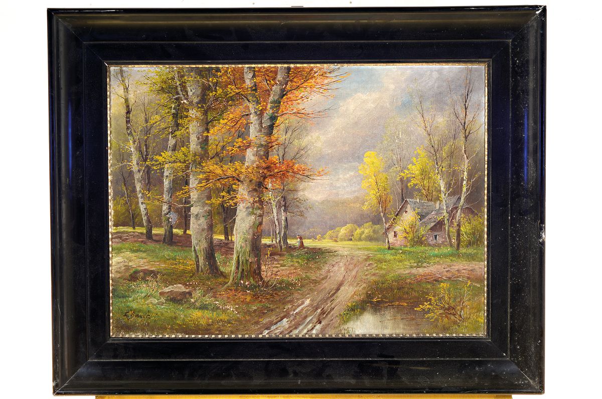 Detail k: A. Bauer, Maler um 1910-20, Waldlandschaft mit Bauernhaus und Holzsammlerin, Öl/Lwd, links unten signiert, ca. 52x71cm, R. ca. 71x91cm, kl. ...