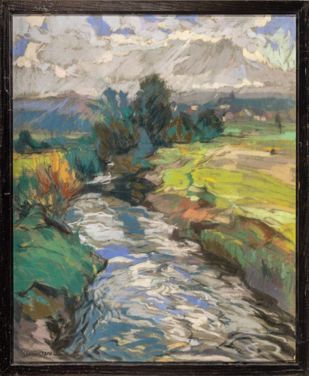 Detail k: Klaus Fisel, deutscher Maler des 20. Jh., Eifel, Landschaft mit Bachlauf, Pastell auf Papier, links unten signiert, ca. 60x50cm, R