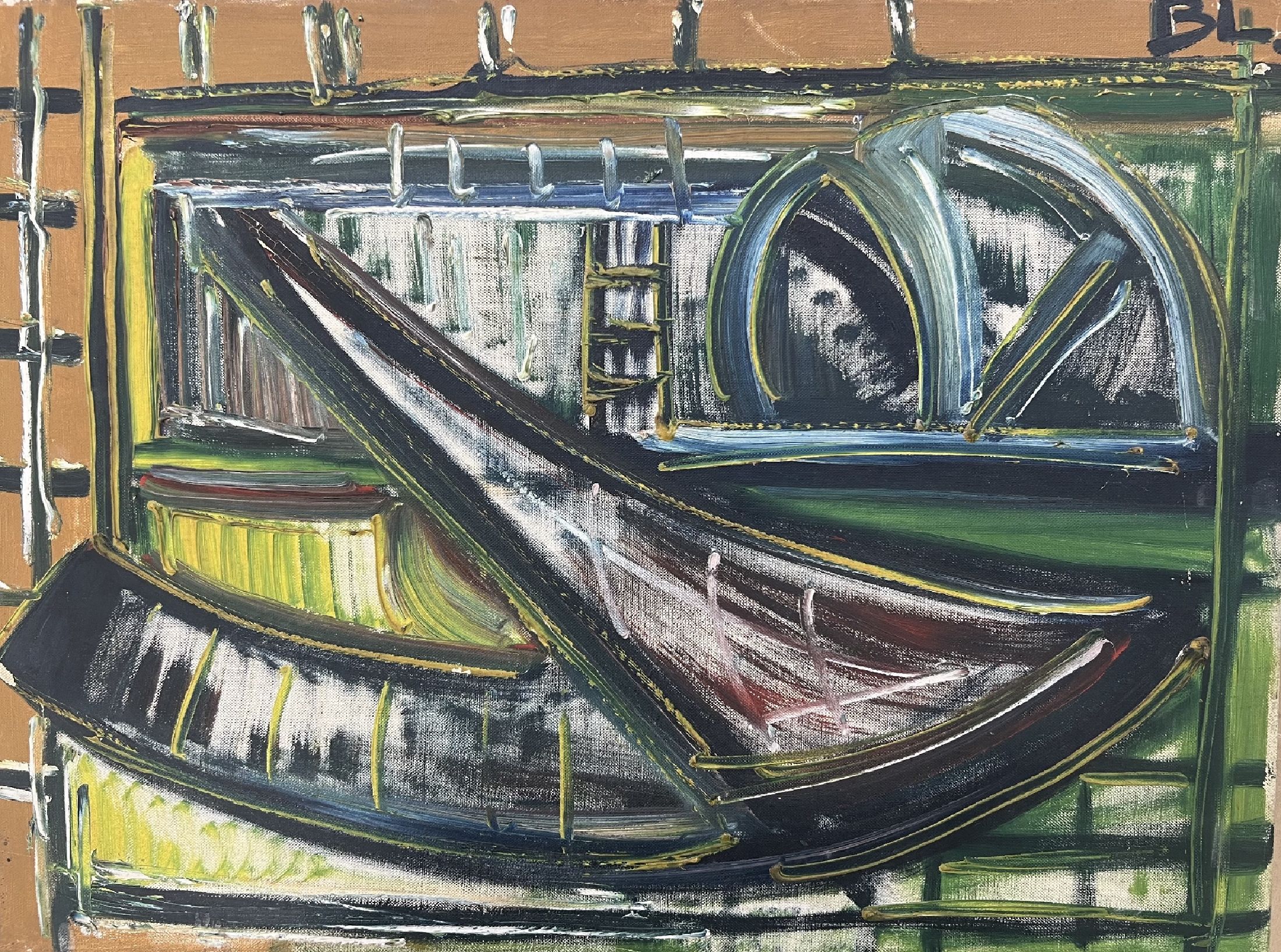 Monogrammist BL, datiert (19)58, Abstrakte Komposition, Öl/Lwd, rechts oben monogrammiert, rückseitig datiert, ca. 45x60cm