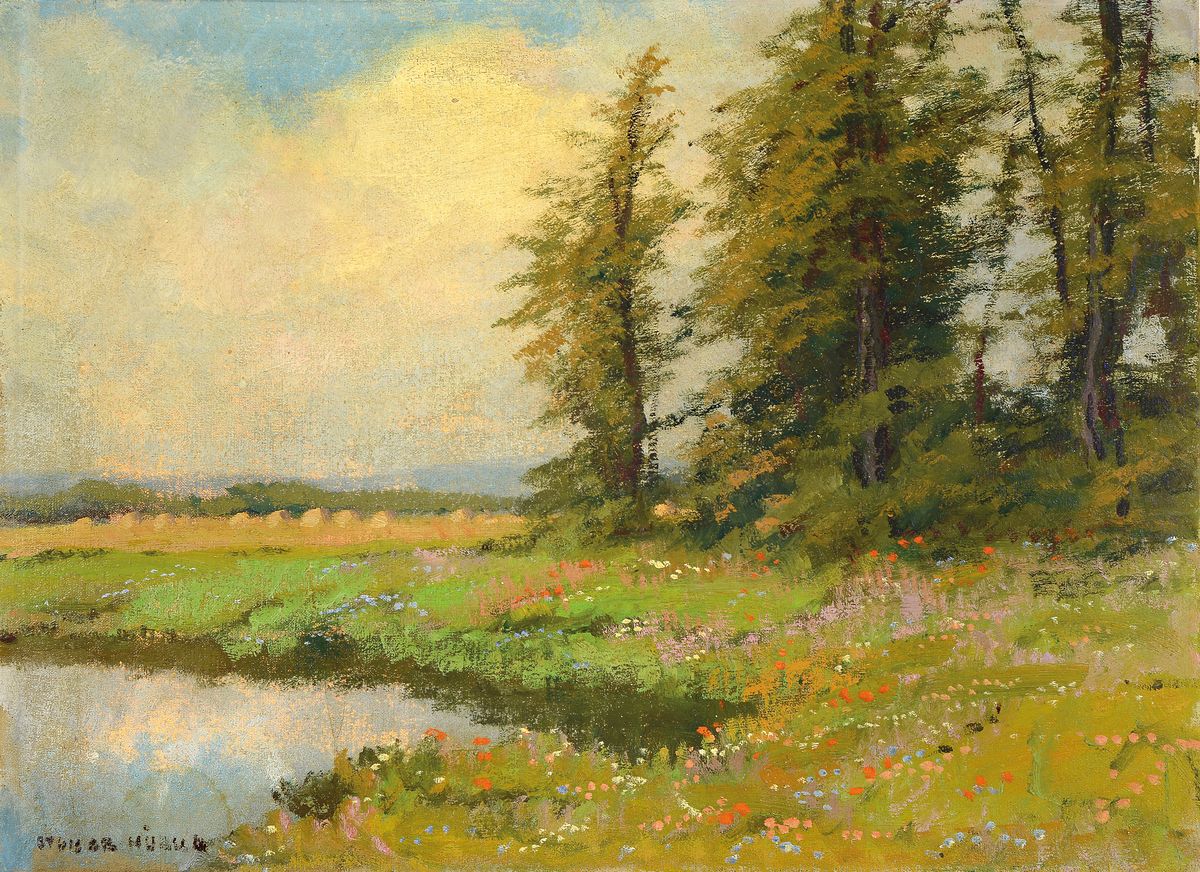 Unbekannter Künstler, deutsch, 1. Hälfte 20. Jh., Wiesenlandschaft mit Baumreihe und Teich, Öl/Lwd, links unten unleserlich signiert, ca. 48x65cm