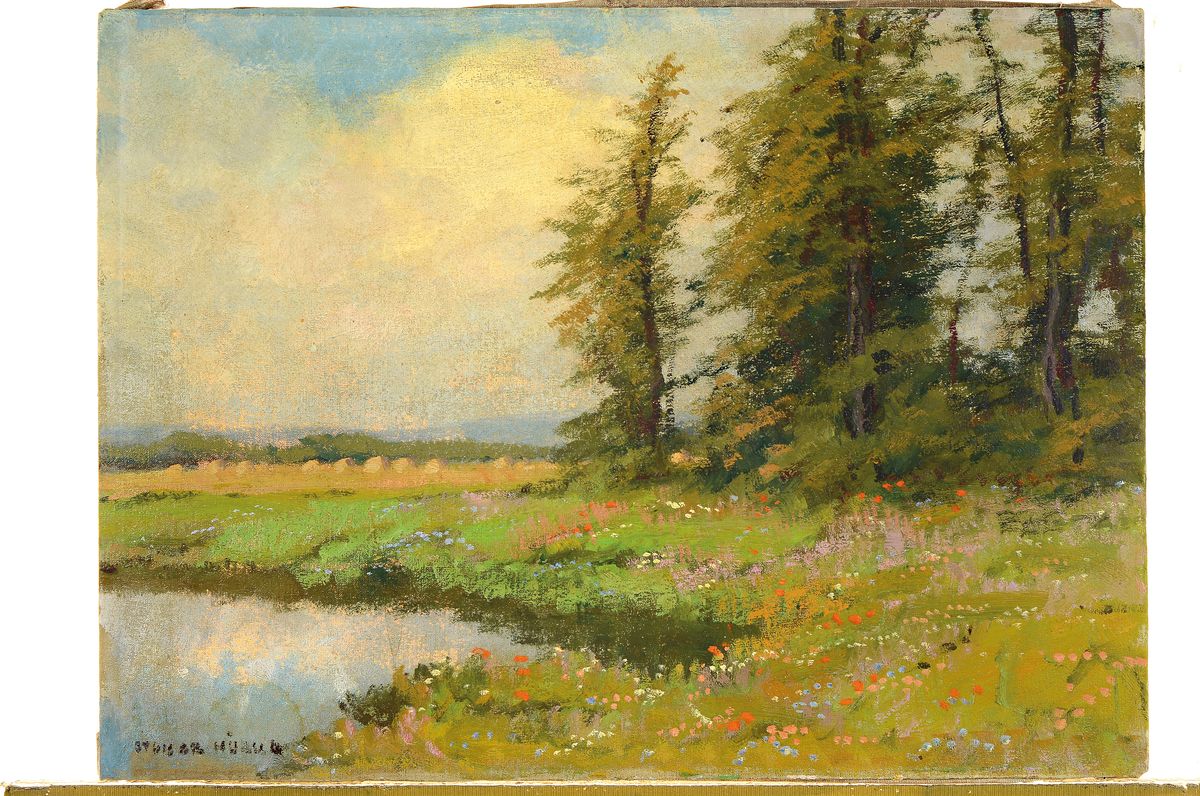 Detail k: Unbekannter Künstler, deutsch, 1. Hälfte 20. Jh., Wiesenlandschaft mit Baumreihe und Teich, Öl/Lwd, links unten unleserlich signiert, ca. 48x65cm