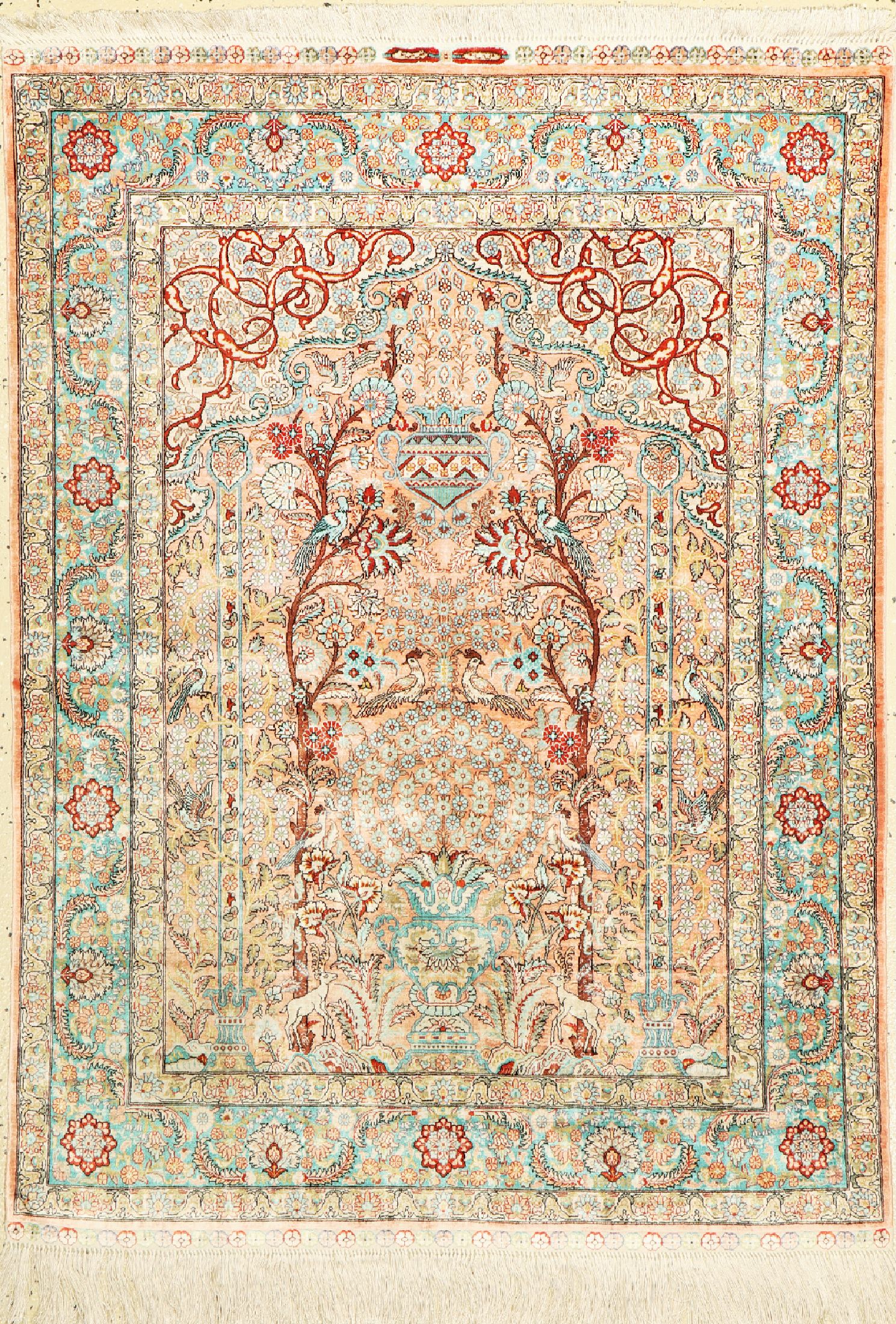Hereke Seide fein, China, ca. 50 Jahre, reine Naturseide, ca. 143 x 103 cm, ca. 1,0 Mio. Kn/qm, EHZ: 1-2